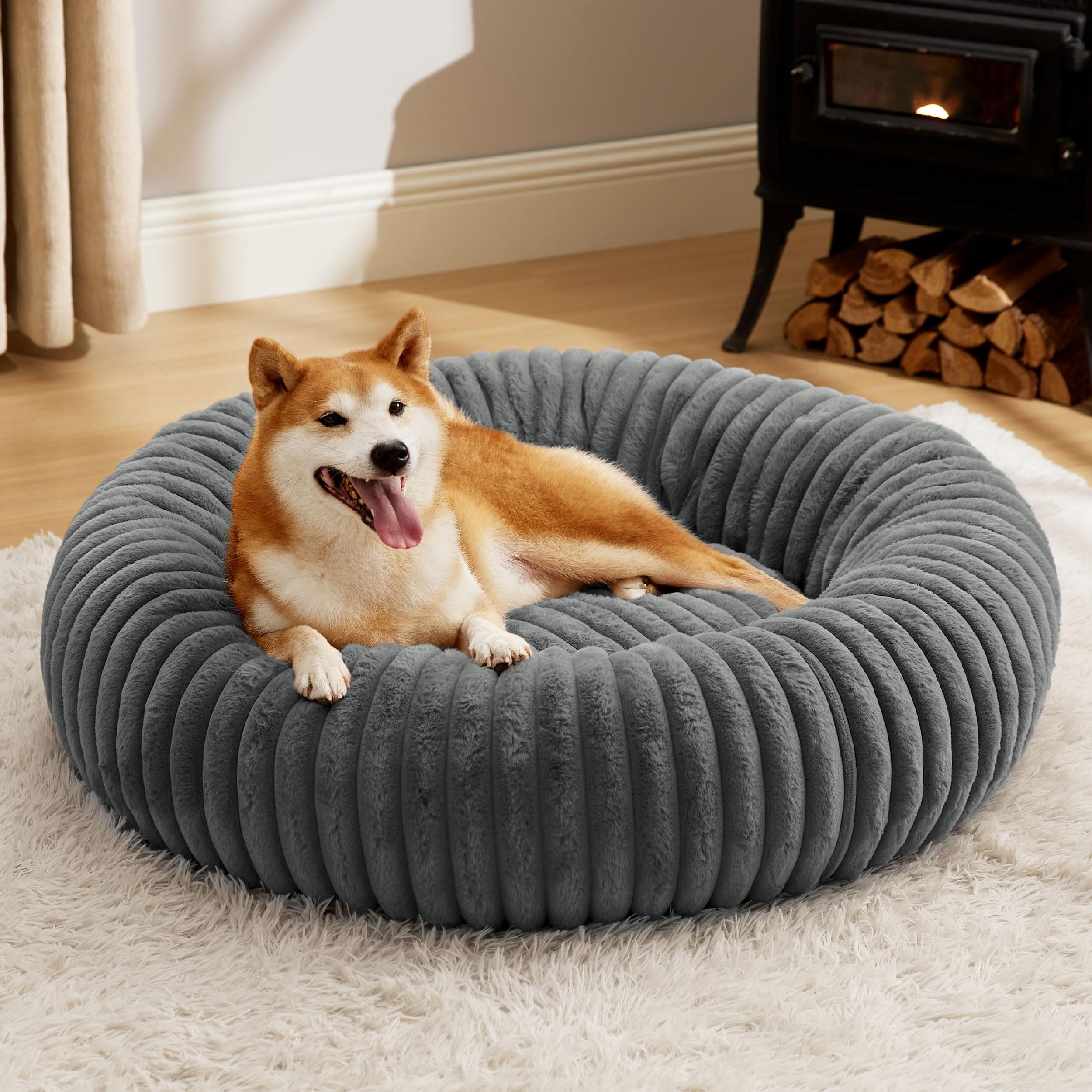 Bedsure Donut Large Dog Bed - Washable Faux Fur With Corduroy Fleece & Anti Slip Bottom, Round Pet Bed With Removable Cover, War