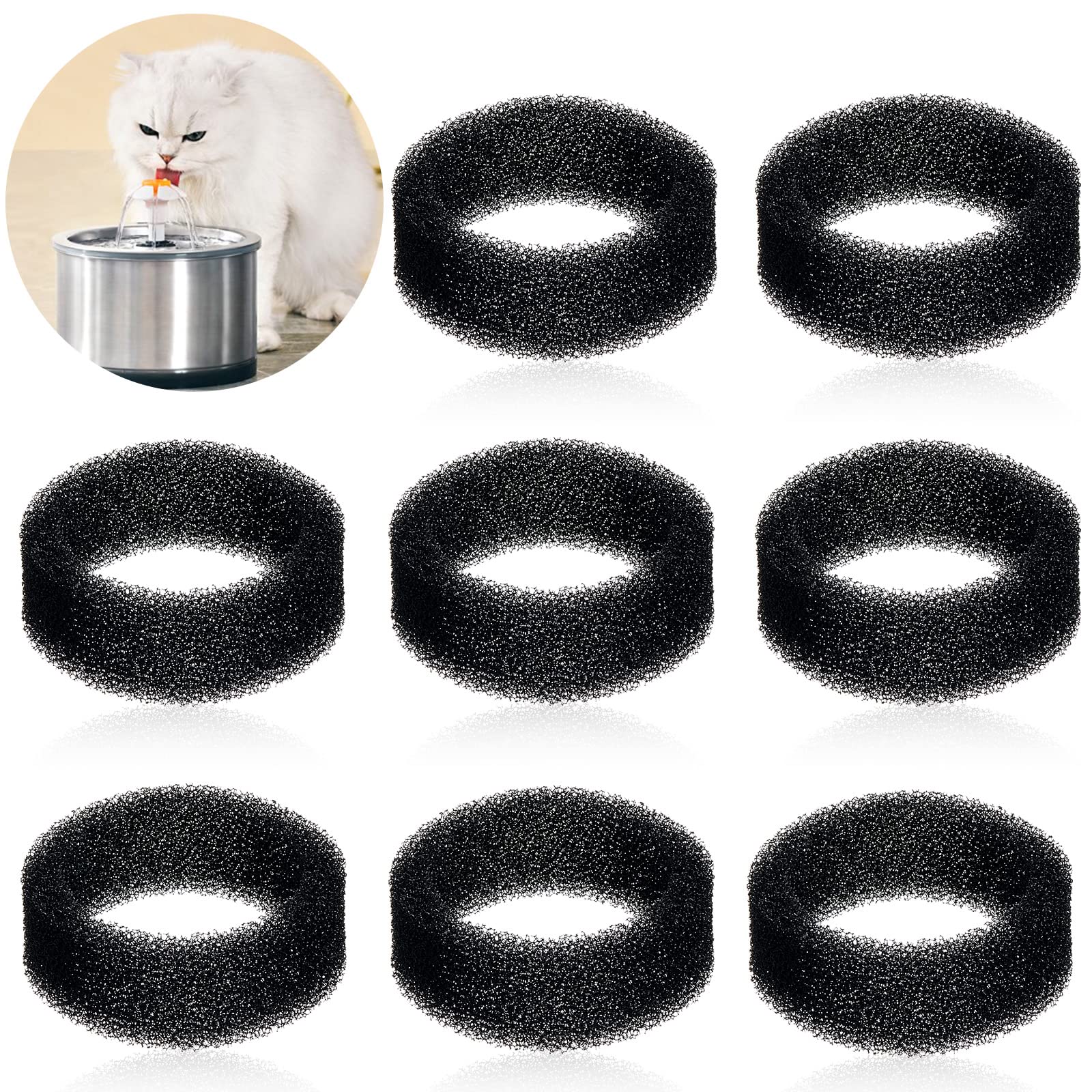 8 Pieces Pet Fountain Filter Pet Water Round Filter Foam For Cat Drink Fountain Cat Water Sponge Filter Cat Fountain Filter Sponge Replacement For 2.5 L/84 Oz 2.2 L/ 74 Oz Stainless Steel Cat Fountain