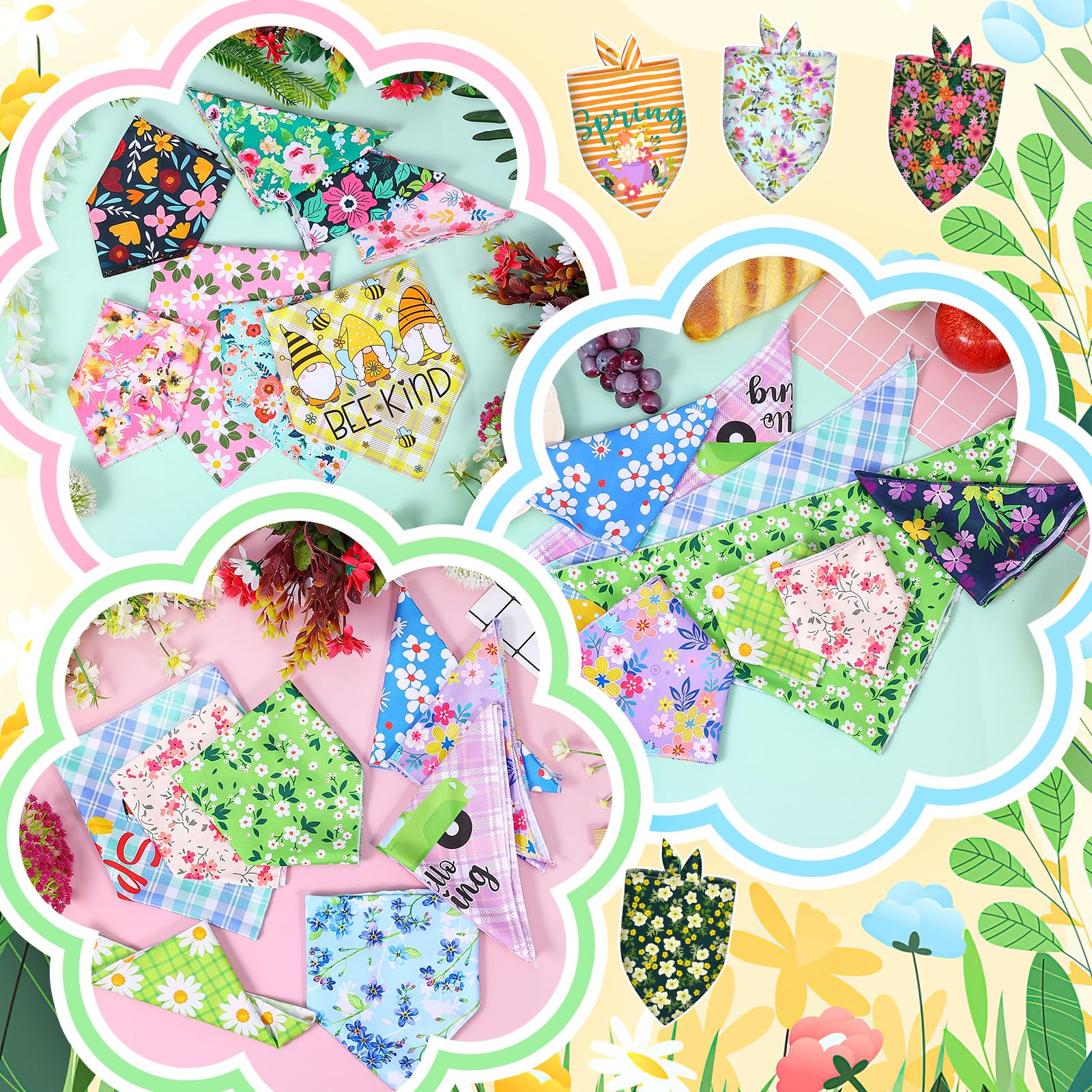 120 Pcs Spring Summer Dog Bandanas Bulk Adjustable Floral Puppy Scarves Pet Bandana Washable Flower Puppy Grooming Bandana For M