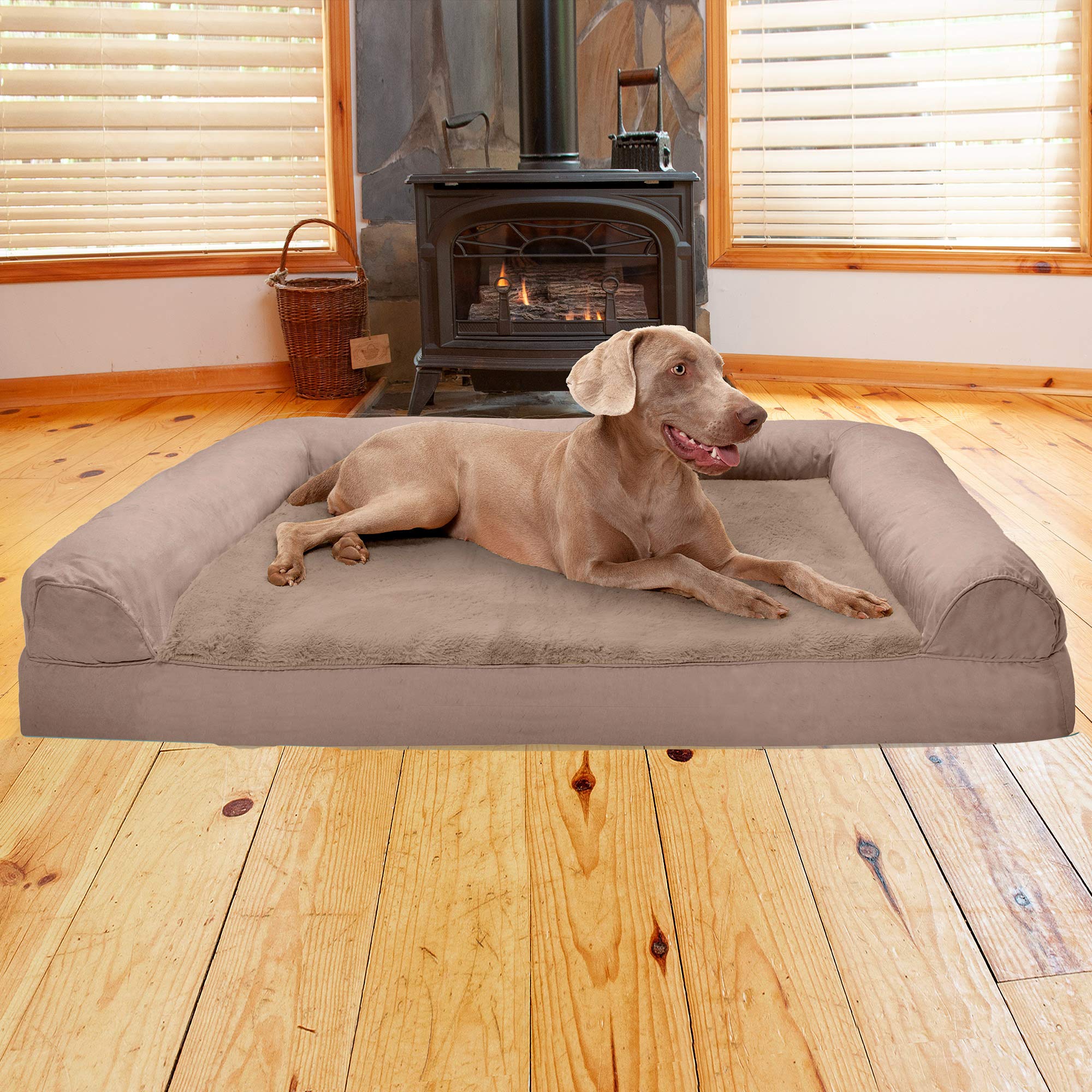 Furhaven Cooling Gel Dog Bed for Large Dogs w/ Removable Bolsters & Washable Cover, For Dogs Up to 125 lbs - Plush & Suede Sofa