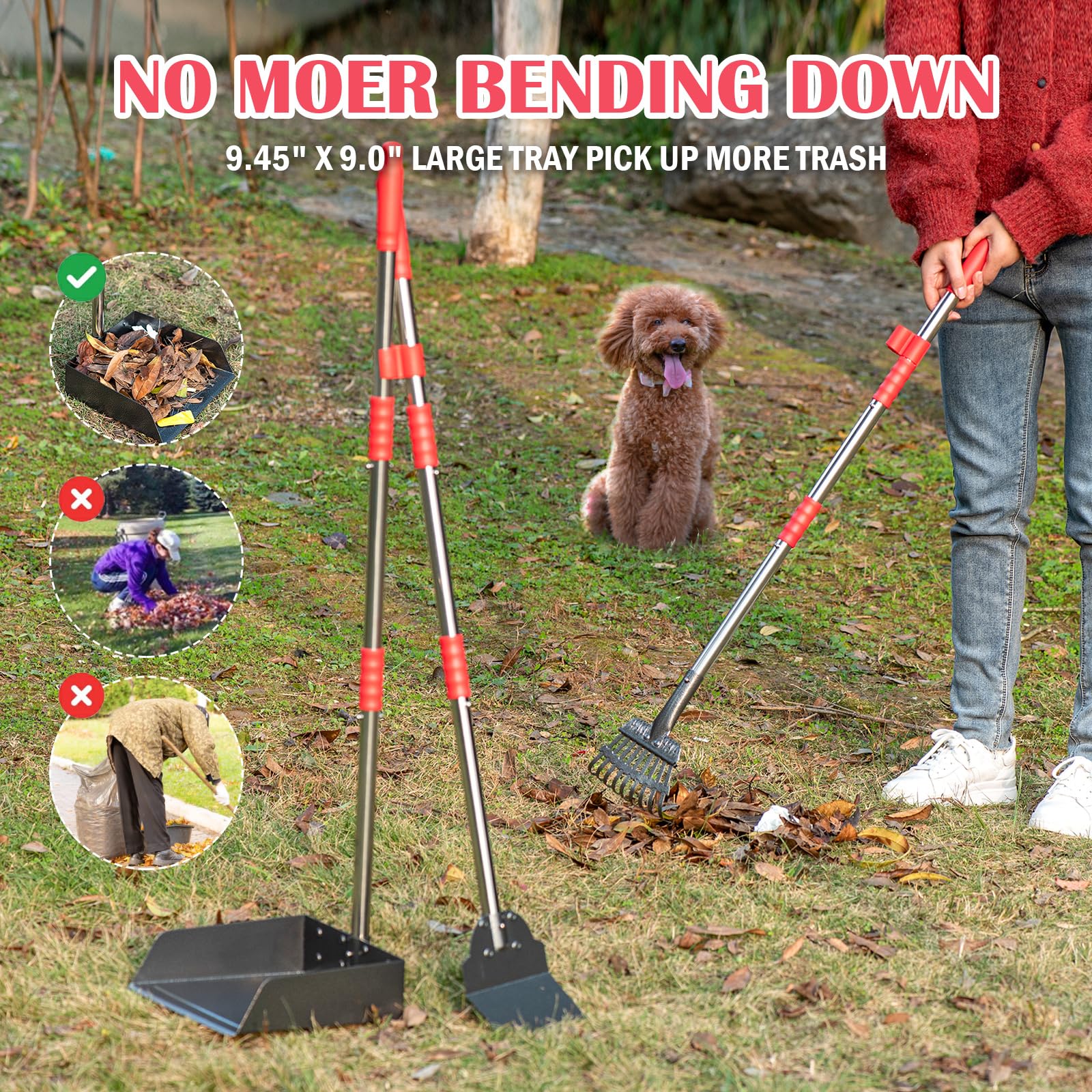 Fusbunty Dog Pooper Scooper Set, Pooper Scooper For Dog, Heavy Duty Stainless Steel Rake With Extra Large Tray & Spade No Bendin