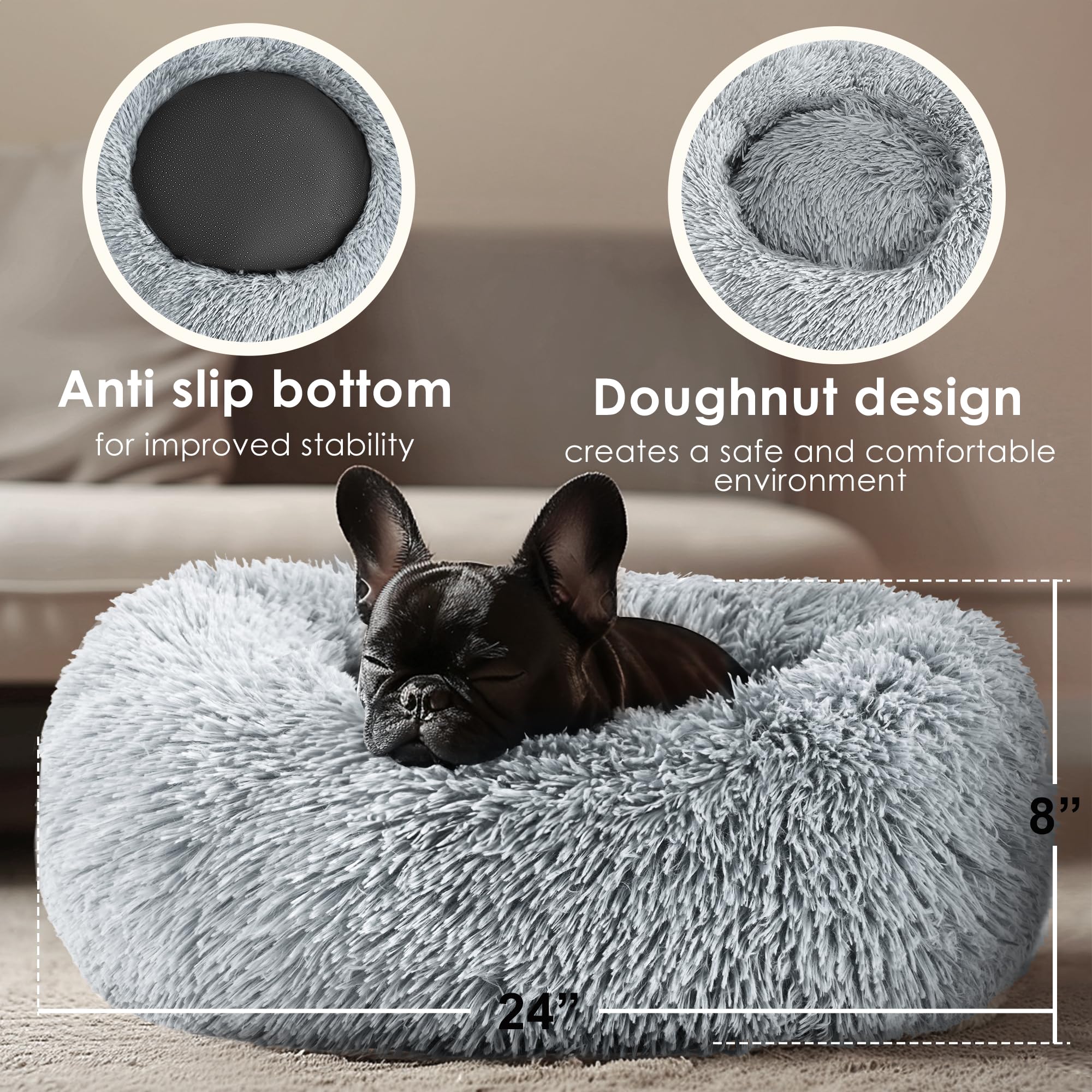 Dogs Bed For Small Dogs, Anti-Anxiety Washable Round Bed (Light Grey, 24.0'' L X 24.0'' W X 8.0'' Th)