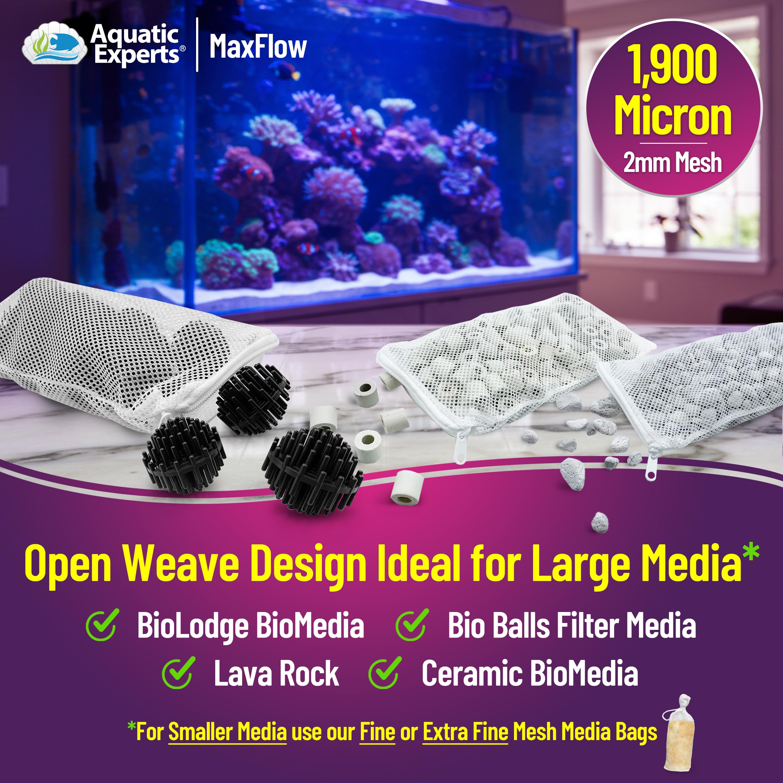 Aquatic Experts High Flow Mesh Filter Media Bags - Aquatic Bags For Filter Media (Max Flow, 3' X 8' - 4 Pack)