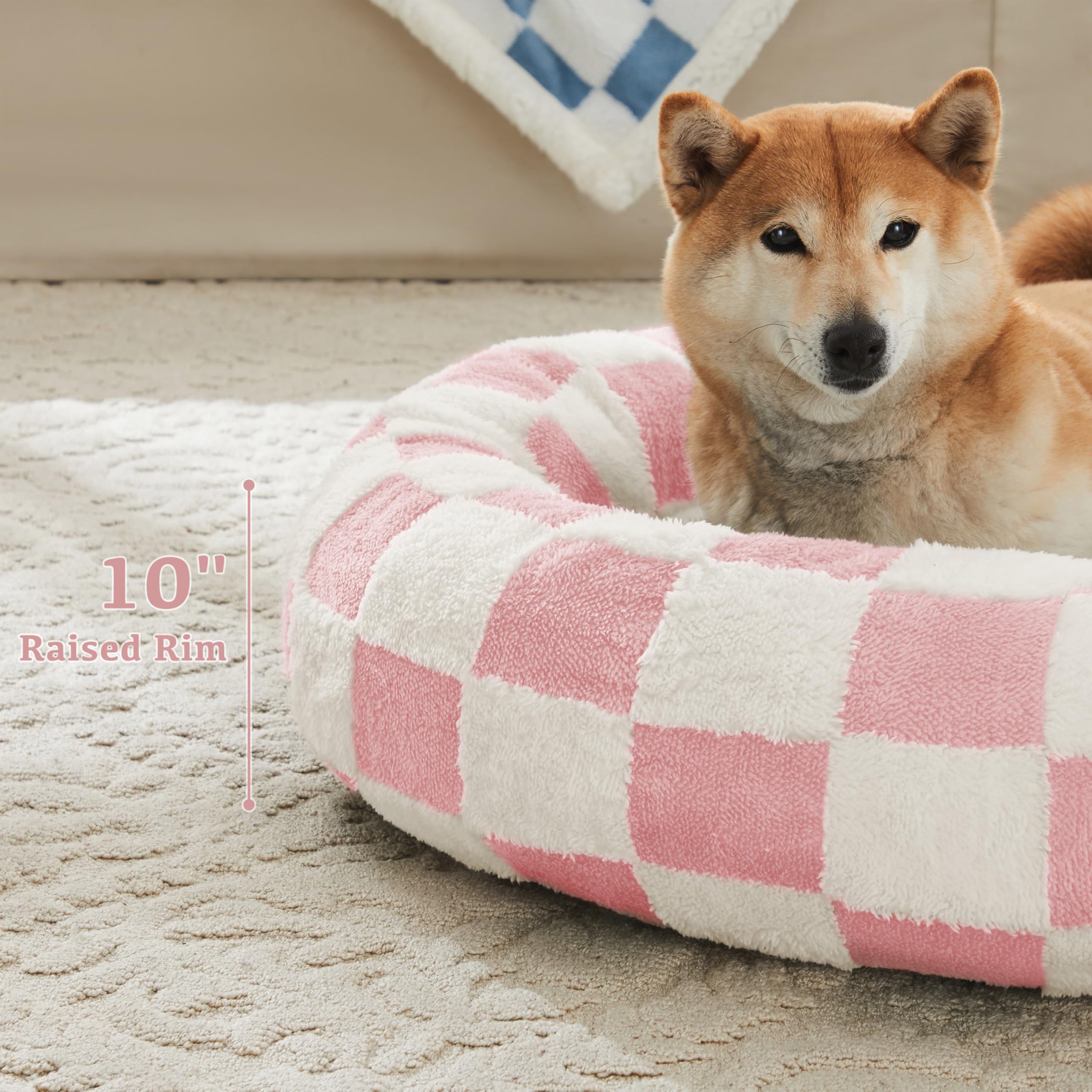 Ohocut Checkered Dog Bed, Cute Girly Pink Retro Style Aesthetic Round Warming Pet Calming Beds For Small Dog And Cats, Plush Coz