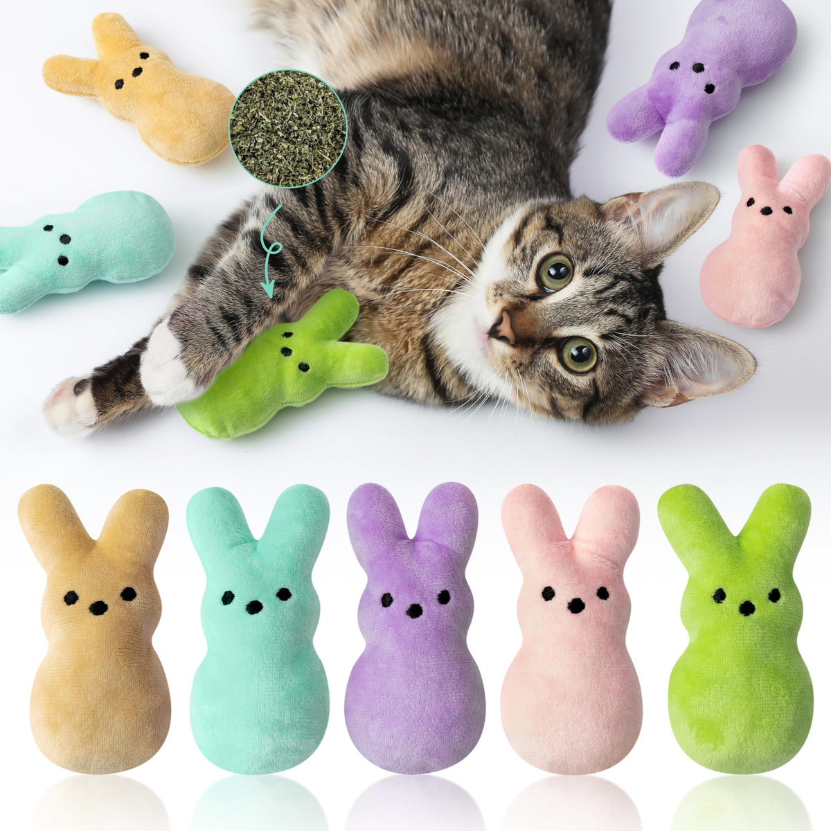 Mallmall6 5Pcs Easter Bunny Catnip Toys Gift For Cat, Indoor Cats Chew Bite Kick Colorful Rabbit Peeps Catmint Pet Supplies For 
