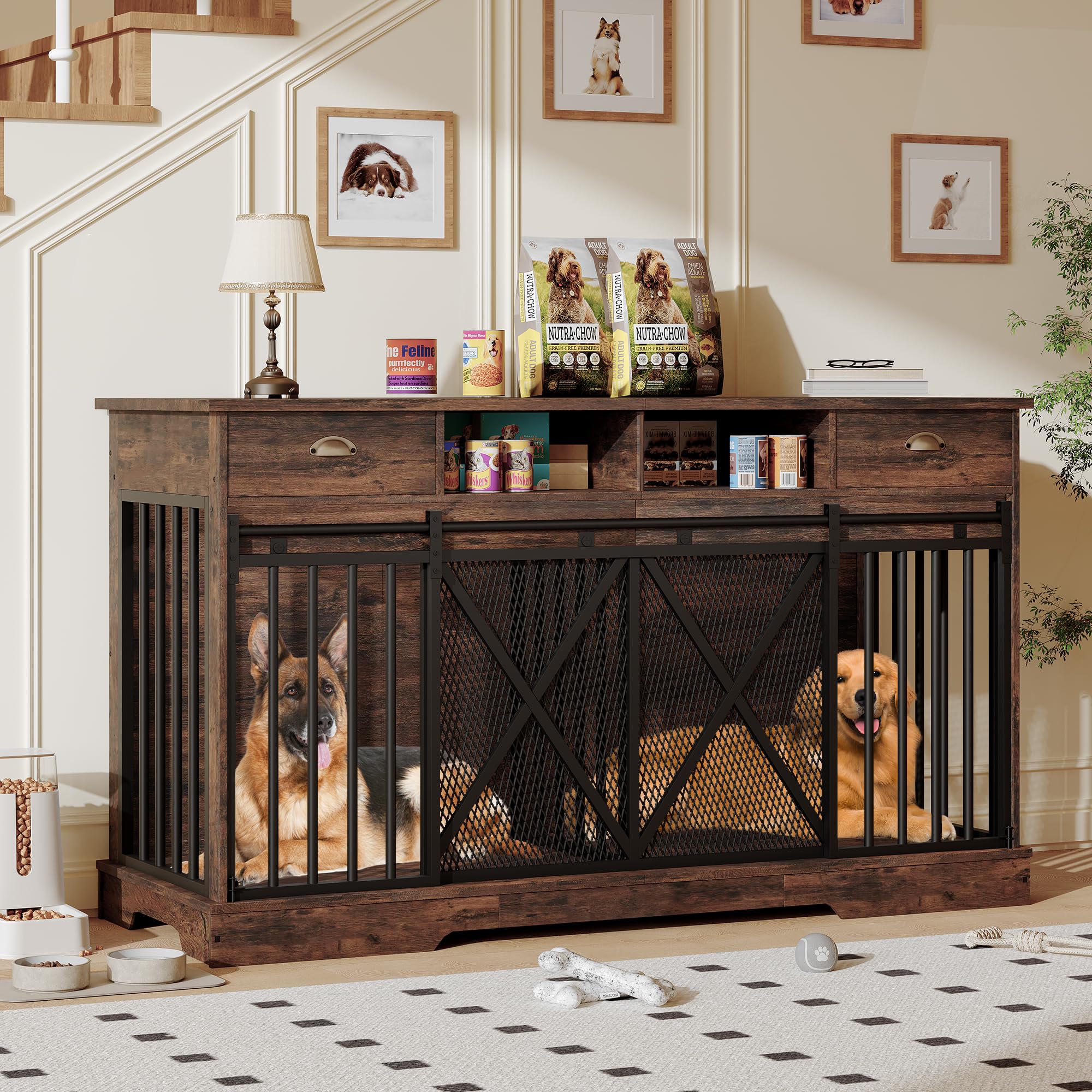 Garvee Double Dog Crate Furniture, 63    Large Dog Kennel Furniture with Divider and Sliding Doors, Heavy Duty Dog Kennel Furnit