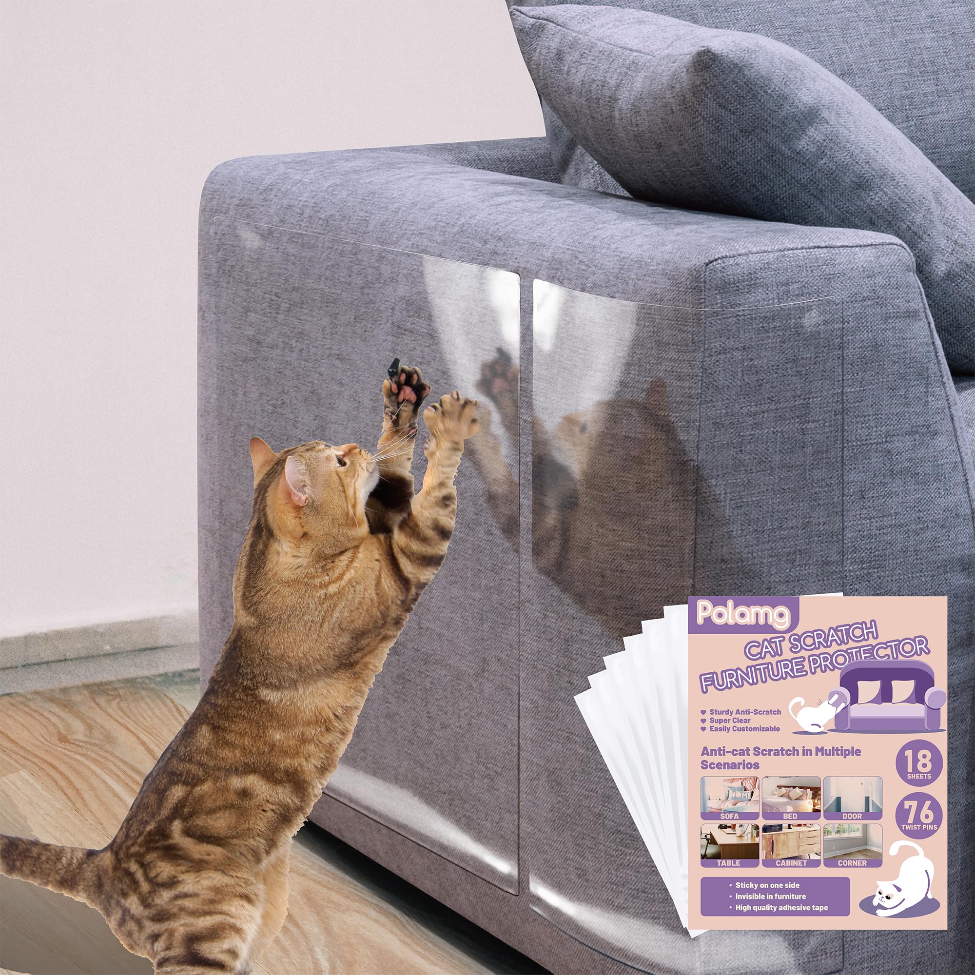 Anti-Cat Scratch Furniture Protector-18-Pack -Single-Sided, Heavy-Duty Self-Adhesive Tape, No-Residue For Couch, Doors & Walls -