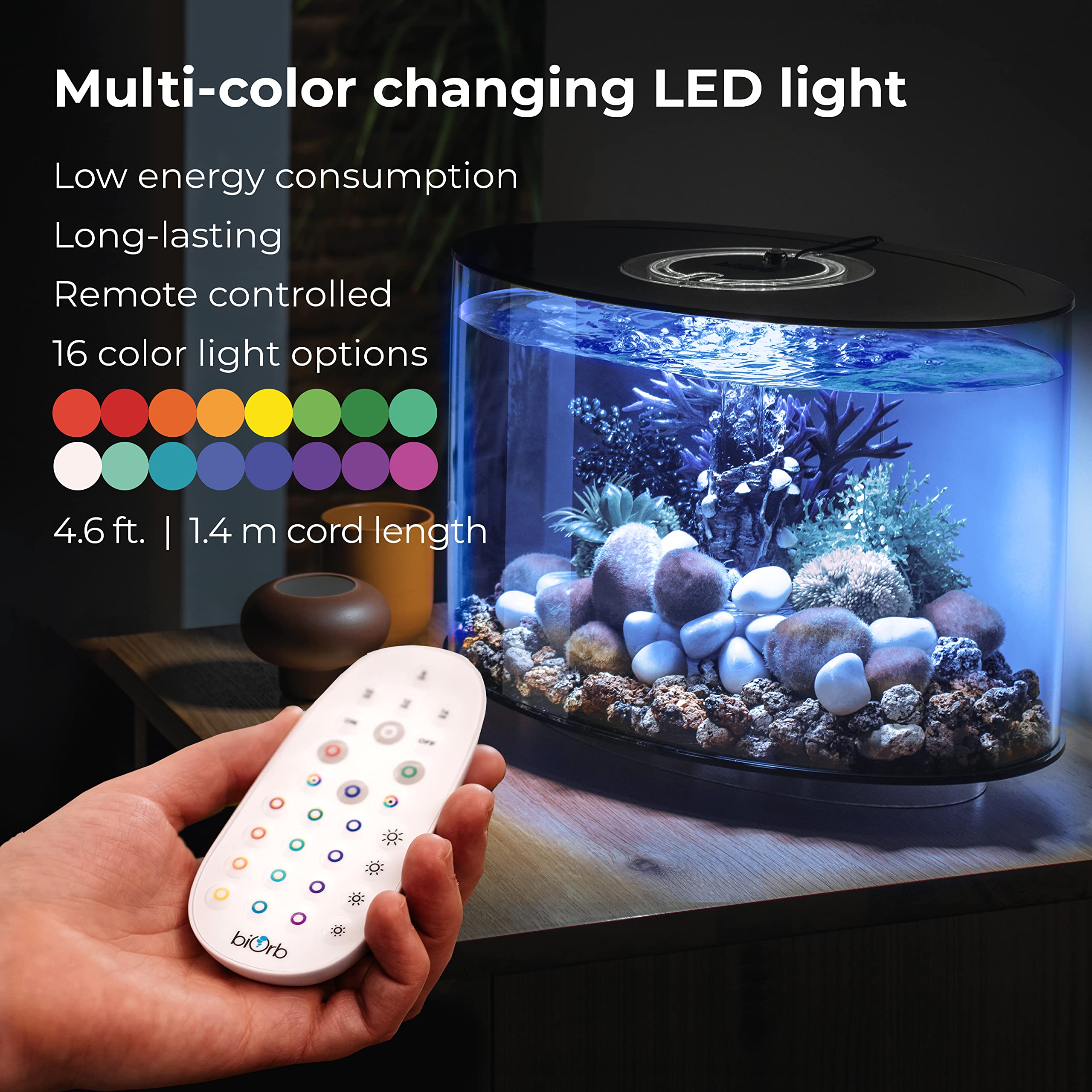 Biorb Loop 15 Acrylic 4-Gallon Aquarium With Multi-Color Remote-Controlled Led Lights Modern Compact Tank For Tabletop Or Desktop Display, White-Trimmed Tank
