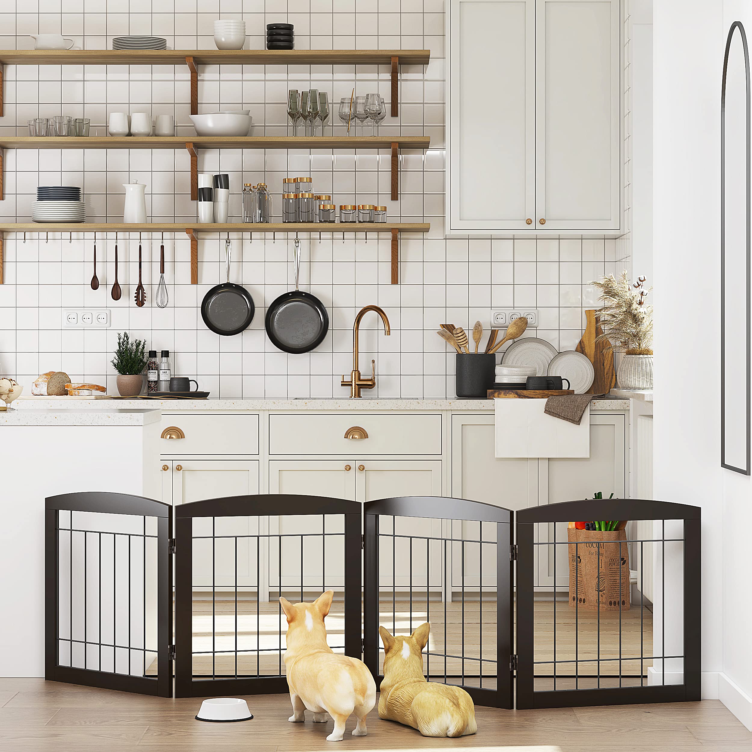 Pawland Dog Gate For The House Doorway Stairs Foldable Freestanding Indoor Pet Gate For Dogs Wooden Puppy Safety Fence 80' Wide 24' Height 4 Panels, Espresso