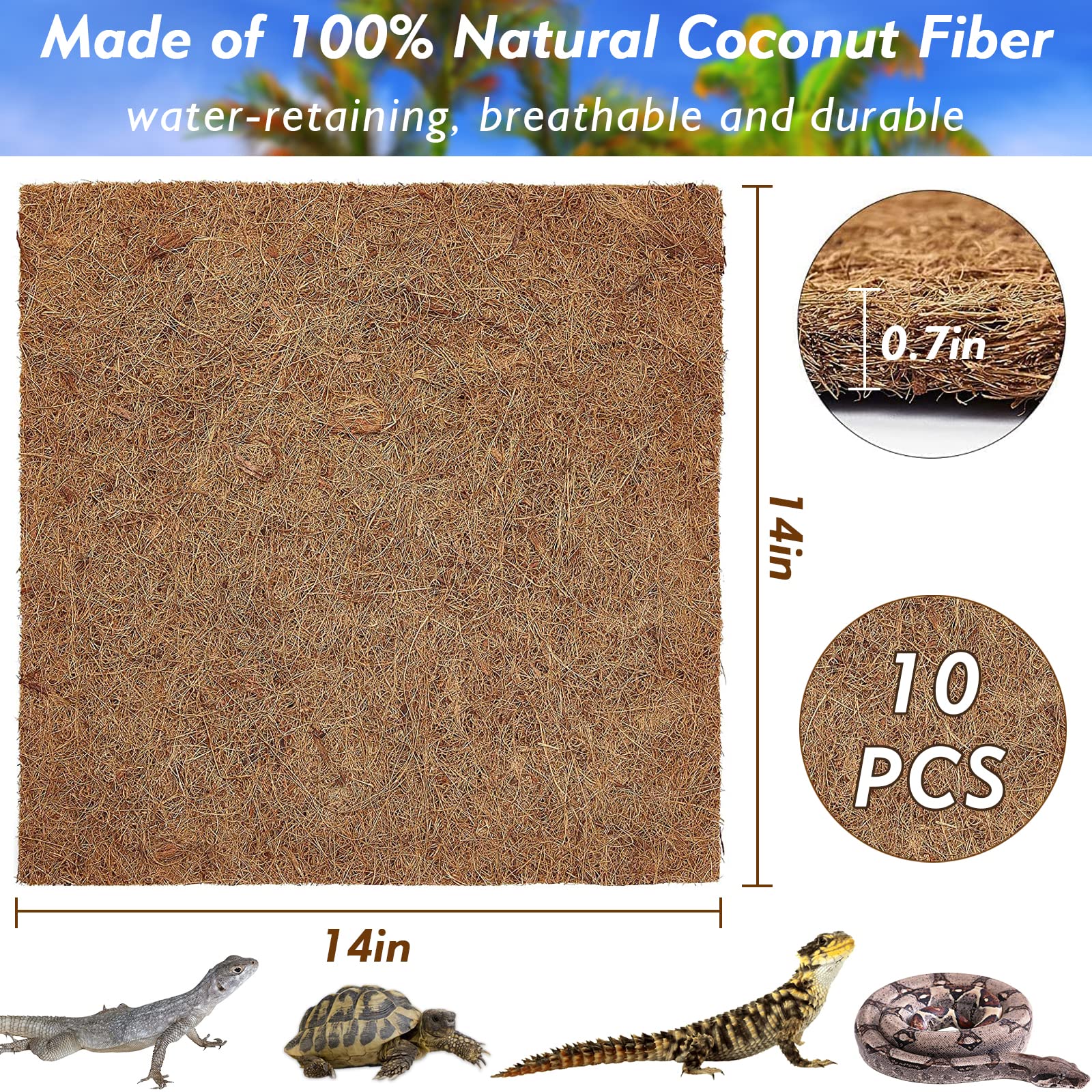 Zeedix 10 Pieces Reptile Carpet- 14 X 14 Inches Natural Coconut Fiber Pet Mat Tortoise Carpet Mat Coco Fiber Substrate Liner Pet Terrarium Liner For Lizard Snake Turtle Gecko Bearded Dragon