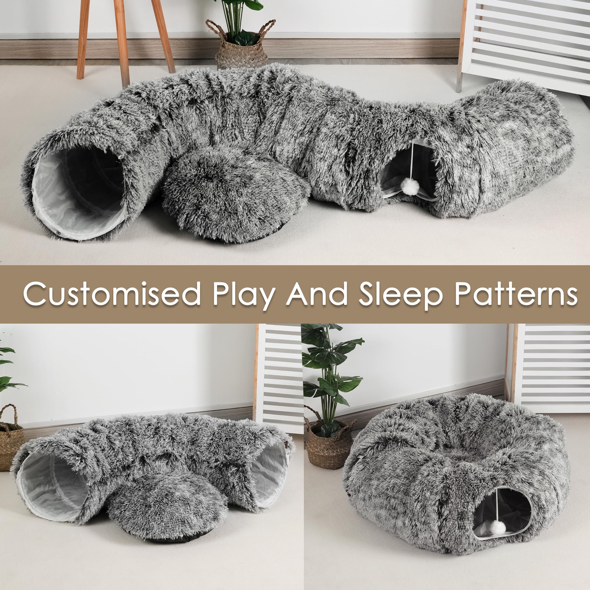 Cat Tunnel Bed for Indoor Cats, Peekaboo Cat Cave with Washable Soft Play Mat, Furry Cat Tube, for Kitten/Puppy/Rabbit, Black