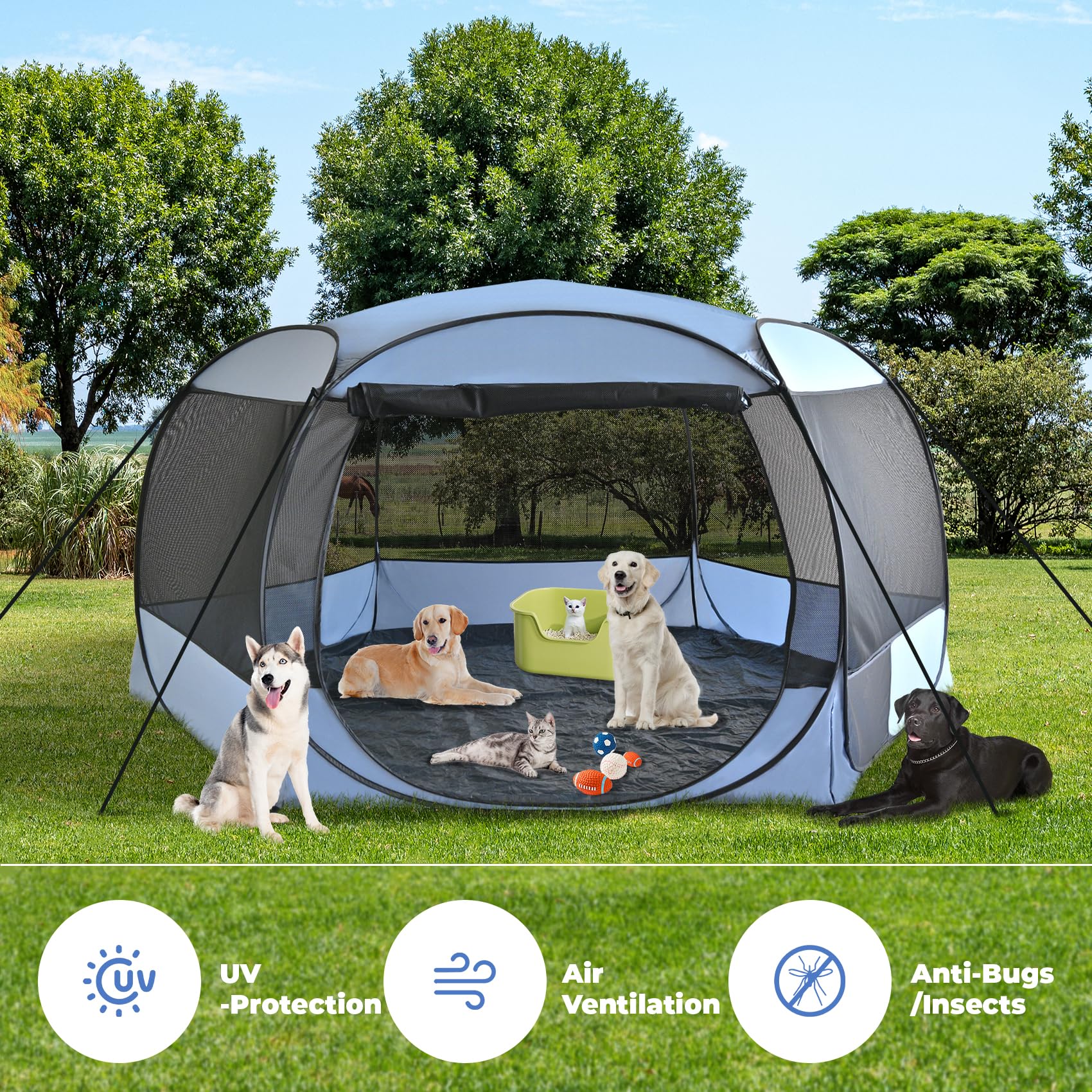 Xxlarge Popup Portable Dog Houses, 10'X4.8'H Assembly-Free Gazebo-Style Kennel Dog Playpen Pet Screen Tent Sun Shade Shelter, Do