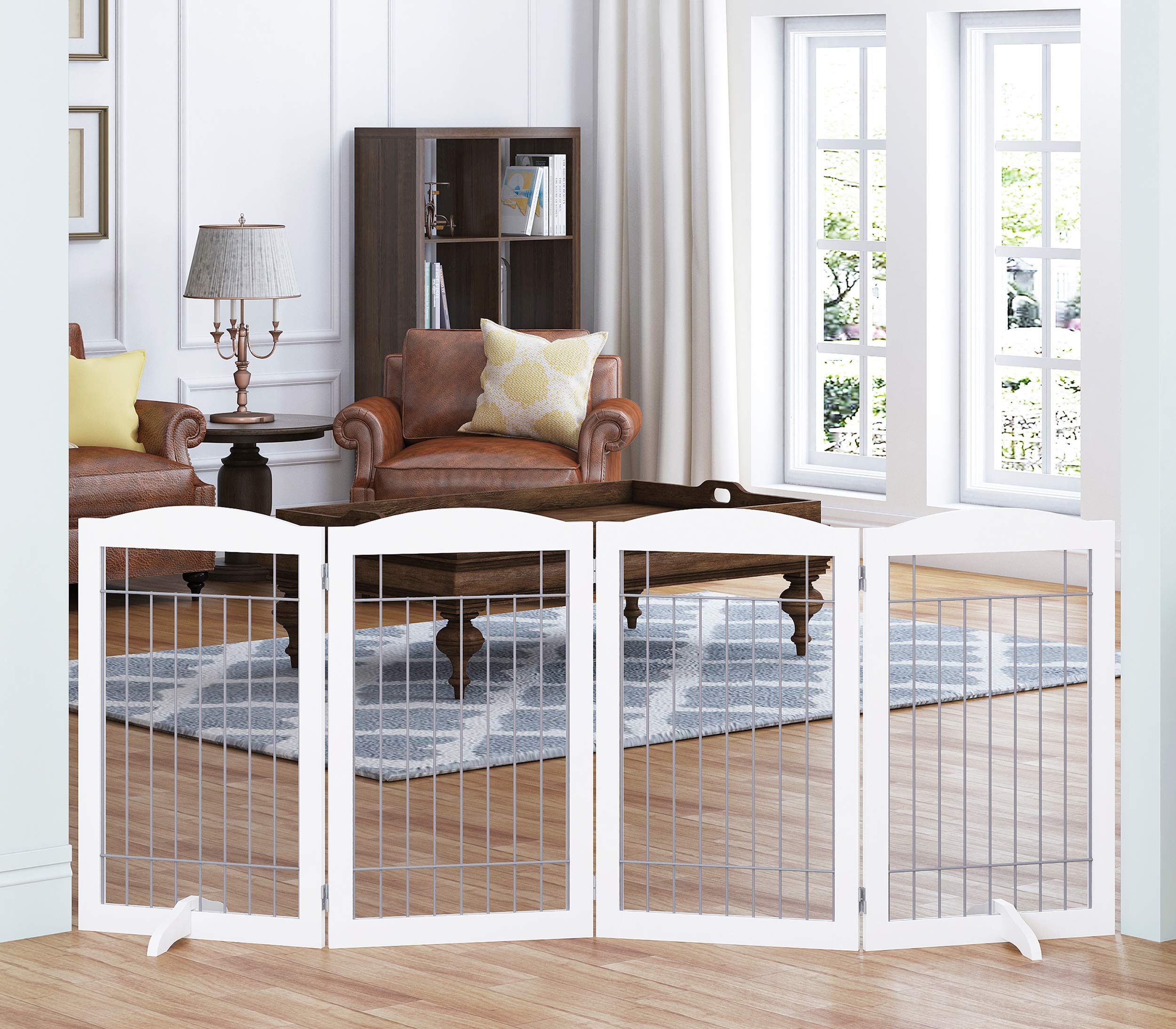 Spirich Extra Wide And Tall Dog Gate For The House, Doorway, Stairs, Freestanding Foldable Wire Pet Gate For Dogs, 80-Inch Wide,30 Inches Tall, White (4 Pannels)