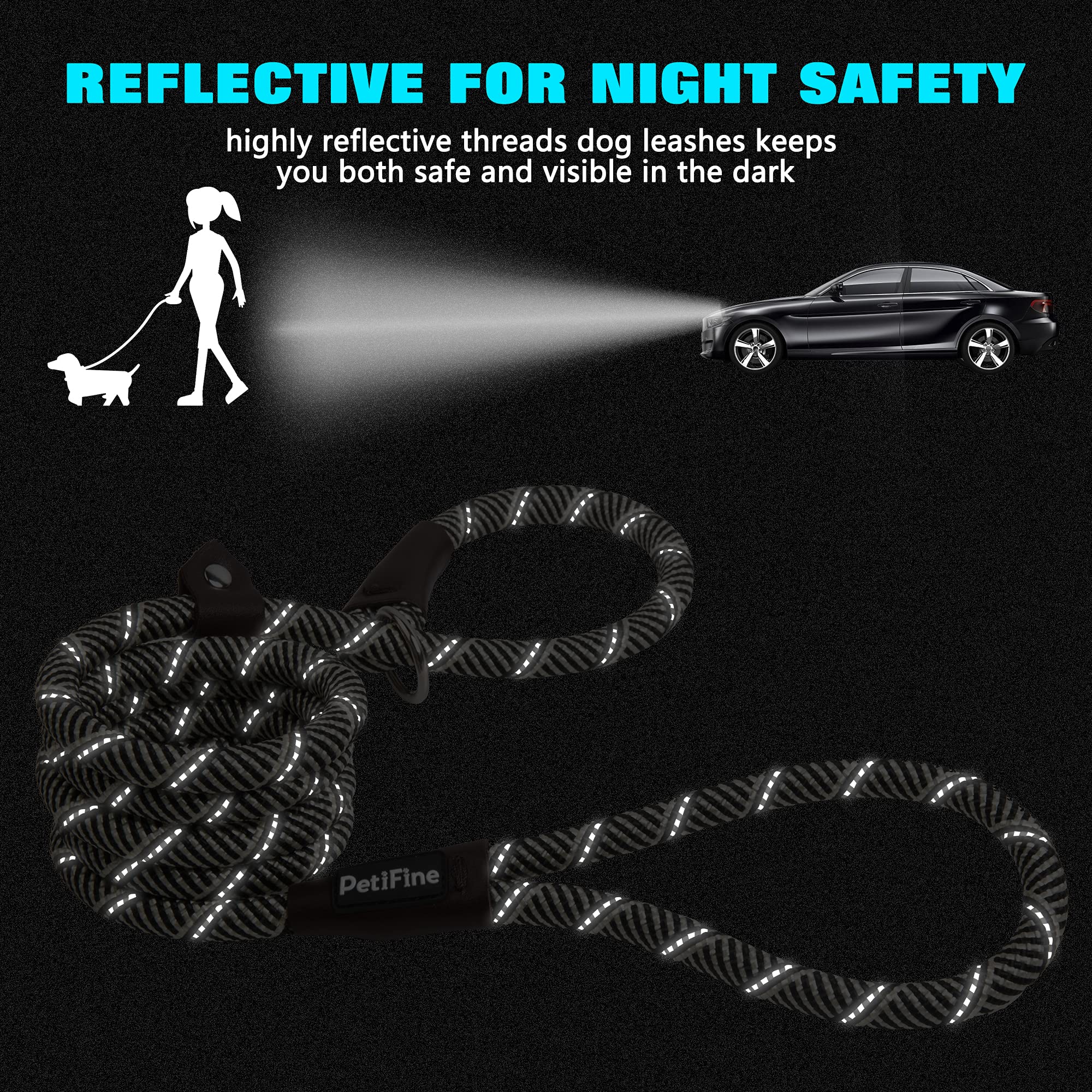 Petifine Slip Lead Dog Leash, Full Reflective Slip Knot Dog Training Leashes, Heavy Duty Adjustable Pet Nylon Slip Loop Leash For Small Medium Large Dogs(Gray)