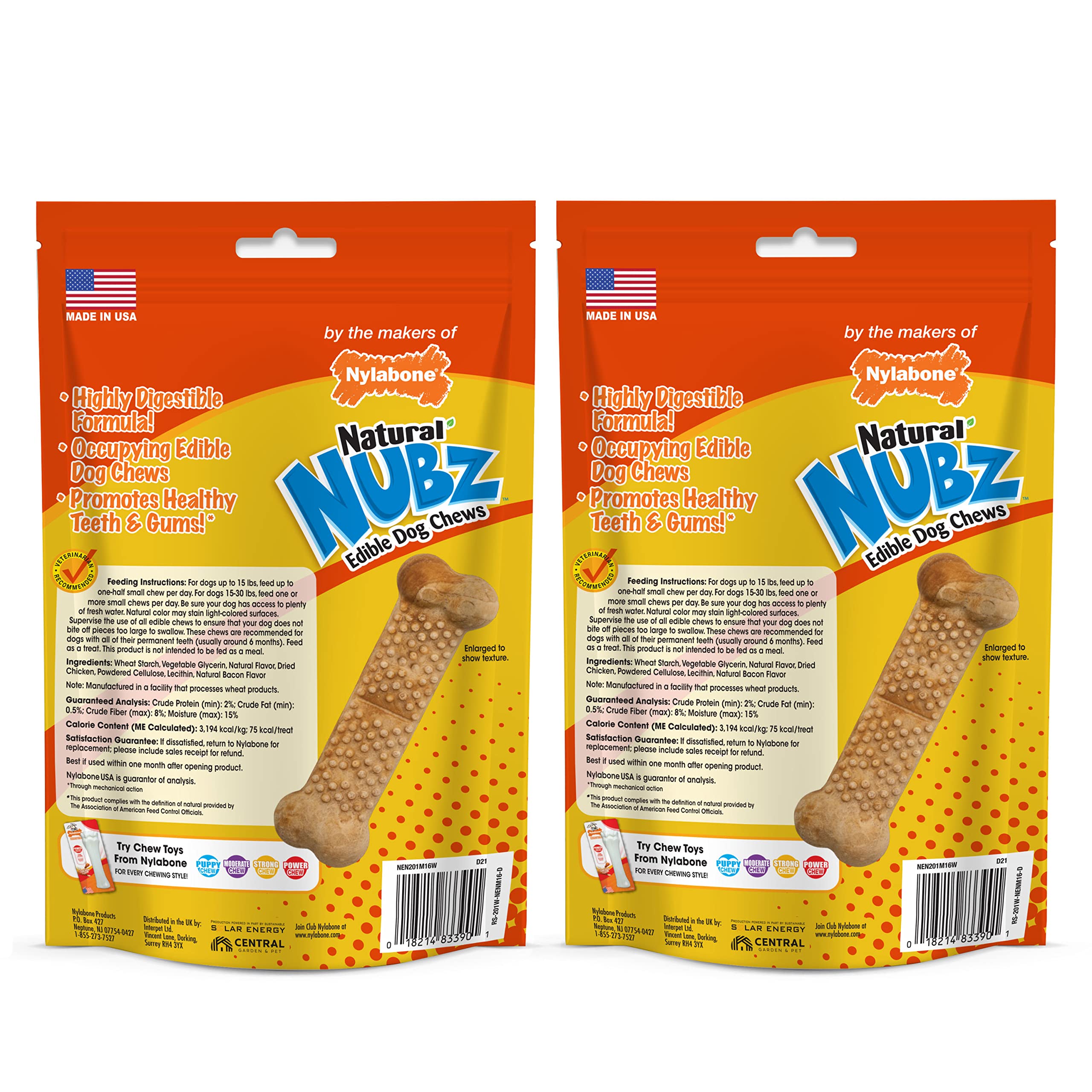 Nylabone Nubz Natural Edible Chew Treats for Dogs, Long Lasting Chews Made in USA, Chicken Flavor, Small - Up to 25 lbs. (32 Cou