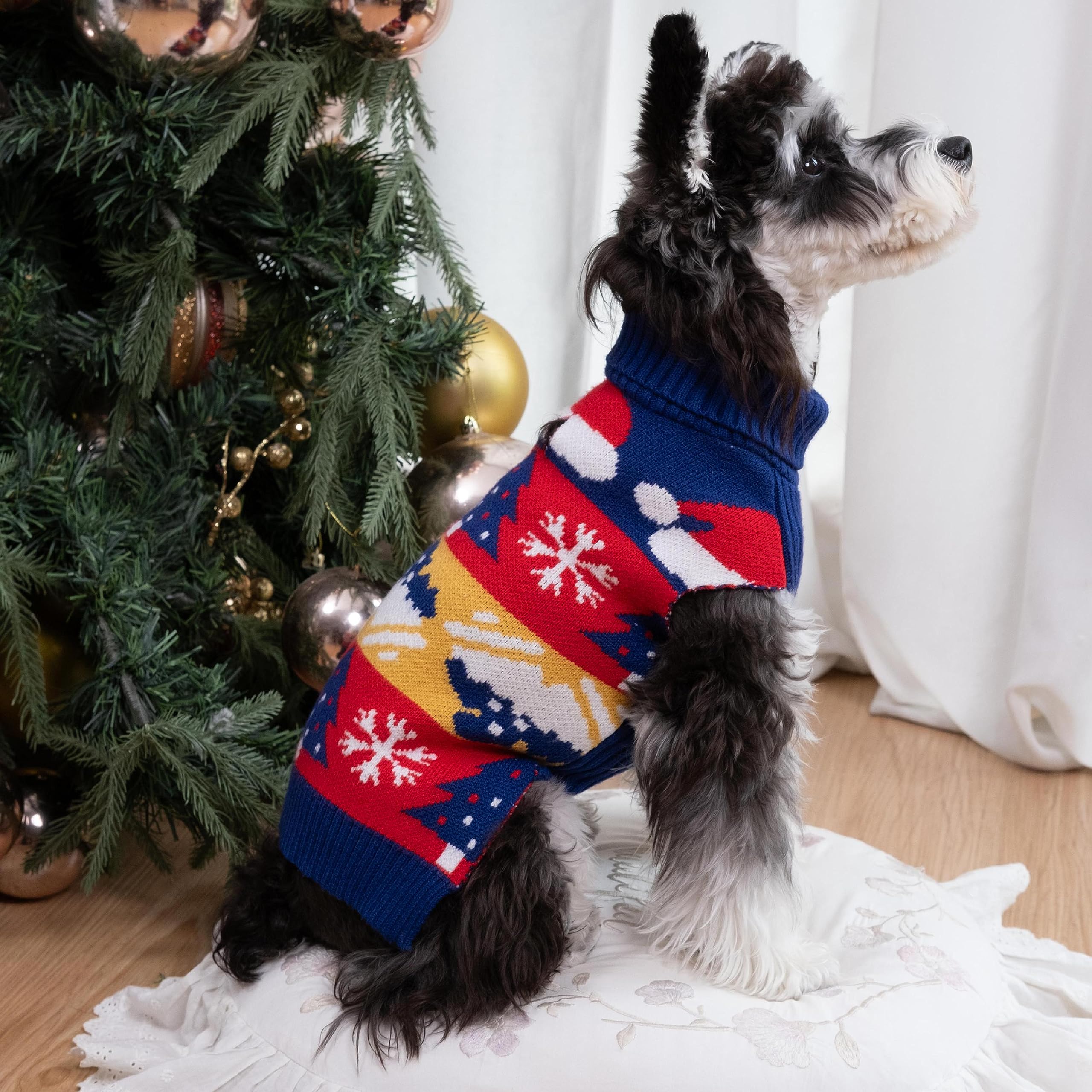 Cutebone Christmas Dog Sweater For Small Dogs X-Mas Knit Turtleneck Pet Winter Clothes Cat Apparel With Harness Hole