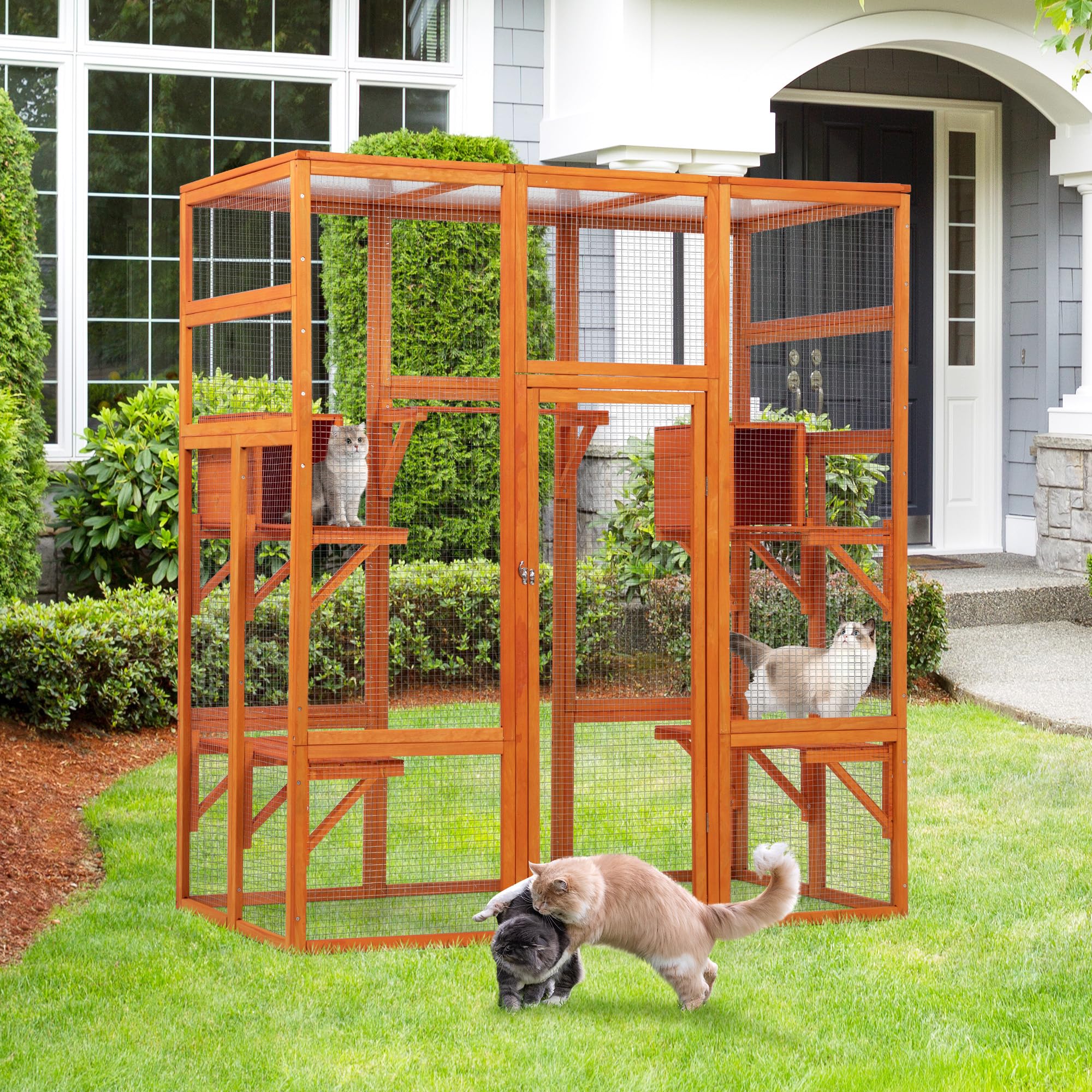71Inches Large Wood Catio Outdoor Cat Enclosure With Perches And Condos, Cat House Indoor With Waterproof Roof, Cat Shelter 7 Pl