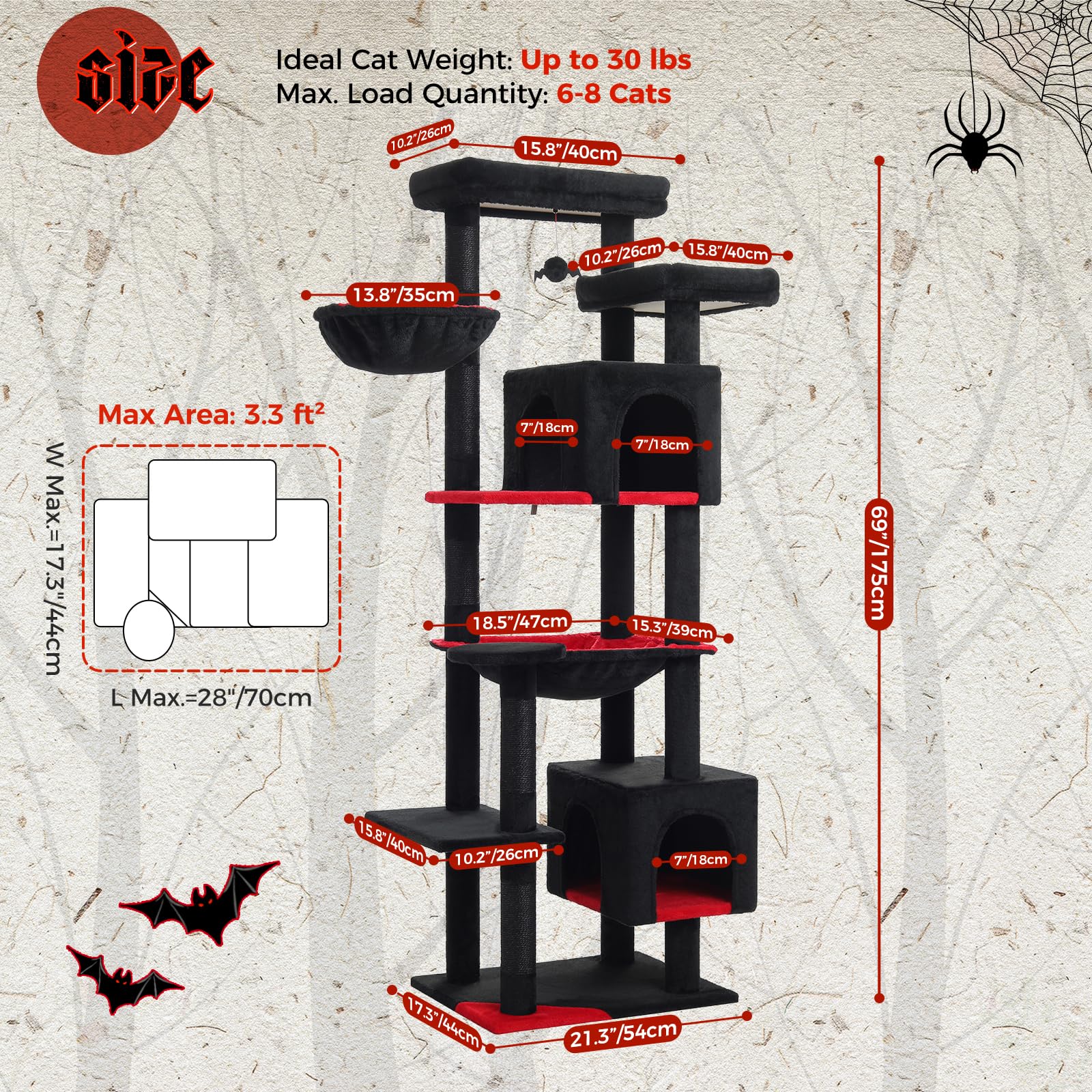 Petepela 69'' Gothic Cat Tree For Indoor Large Cats, Cat Tower For Adult Cats With Big Hammock [18.5''X15.3''], Cat Climbing Tre