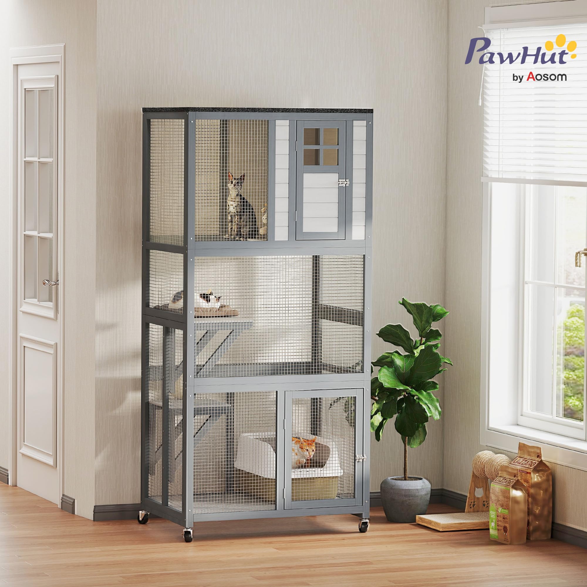 Pawhut 74'' Wooden Catio Outdoor Cat House Weatherproof & Wheeled, Outside Cat Enclosure With High Weight Capacity, Kitten Cage