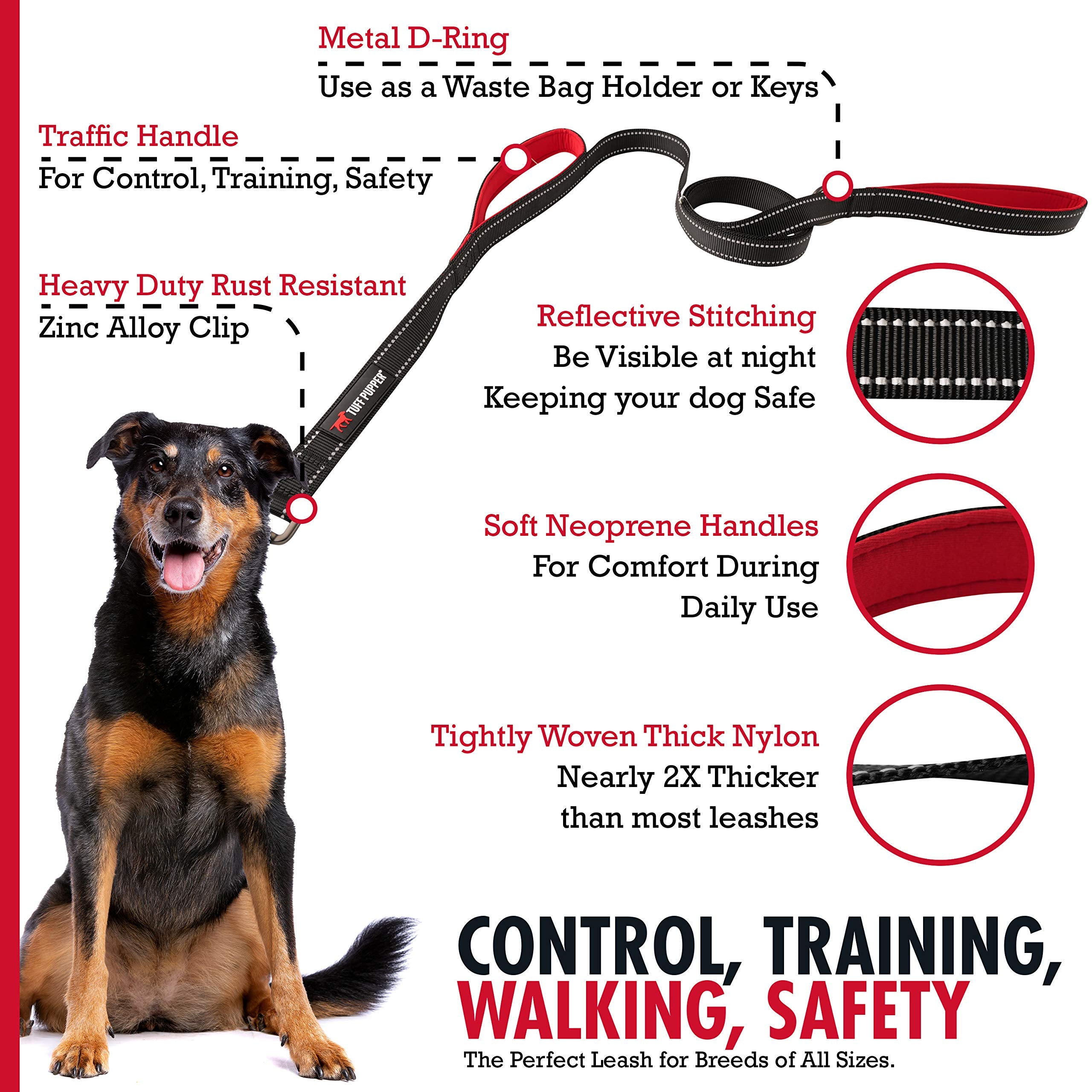 Tuff Pupper Heavy Duty Double Handle Dog Leash | Twist Locking Carabiner Dog Clip | Safety Lock Leash To Hold Strong Dogs | Refl