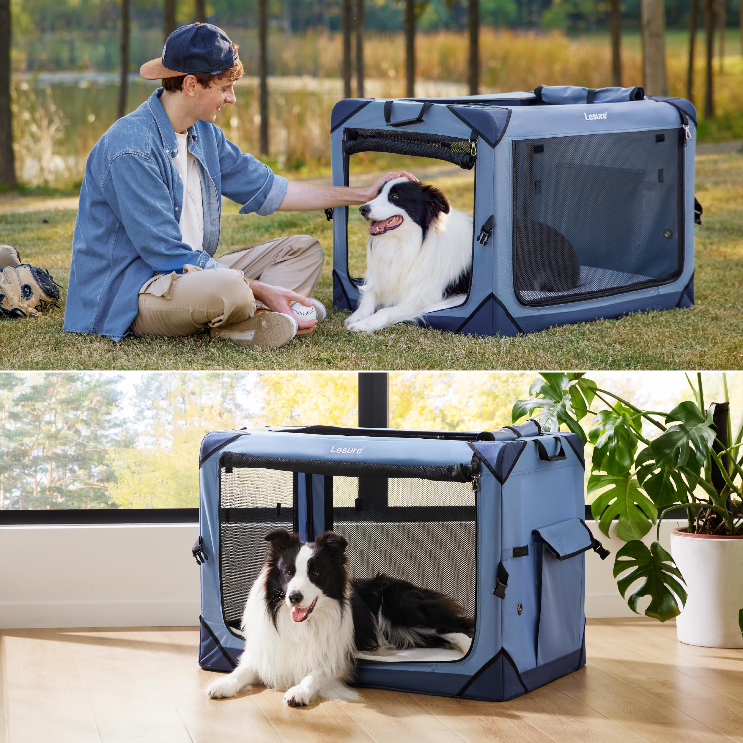 Lesure Collapsible Dog Crate - Portable Travel Kennel For Large Dog, 4-Door Pet Crate With Durable Mesh Windows, Indoor & Outdoo