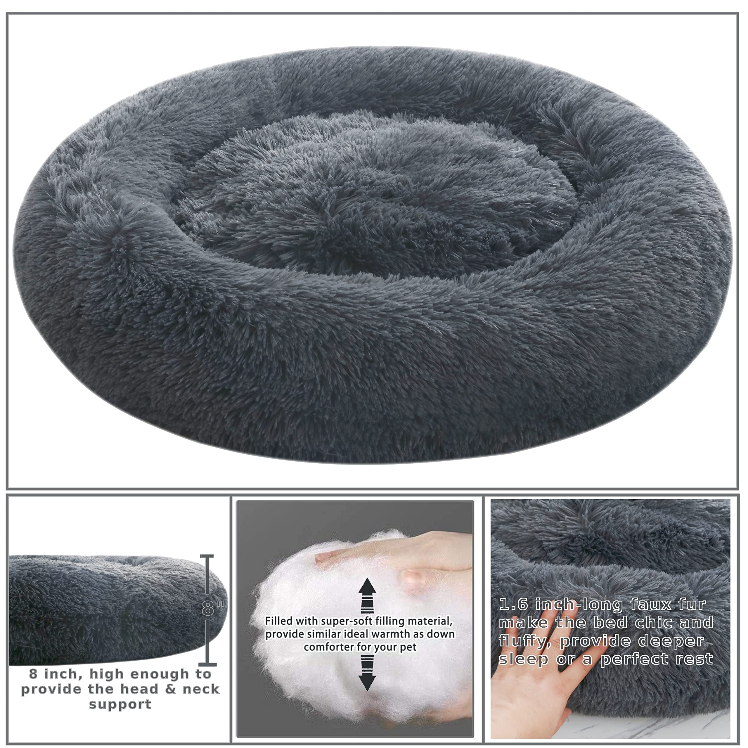Comlax Calming Donut Dog Beds, 39 Inches Round Cushion With Removable Washable Cover, Anti-Anxiety Faux Fur Cuddler, Fluffy Comf