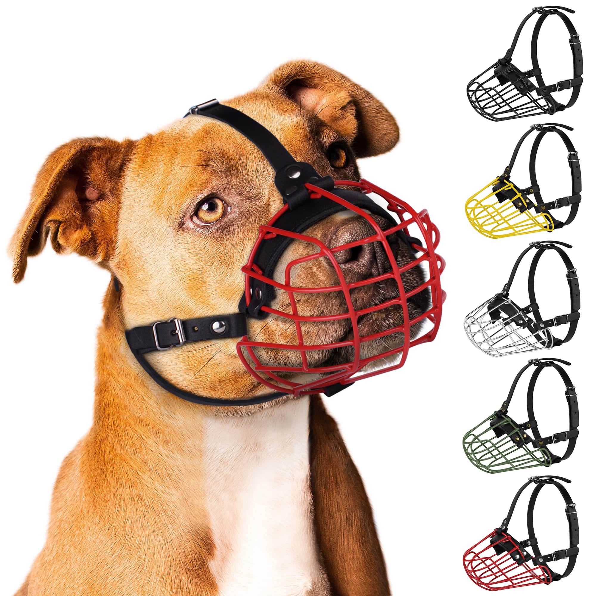 Pitbull Dog Muzzle Metal Mask Amstaff Secure Wire Basket Adjustable Durable Leather Straps For Large Dogs (Large, Red)