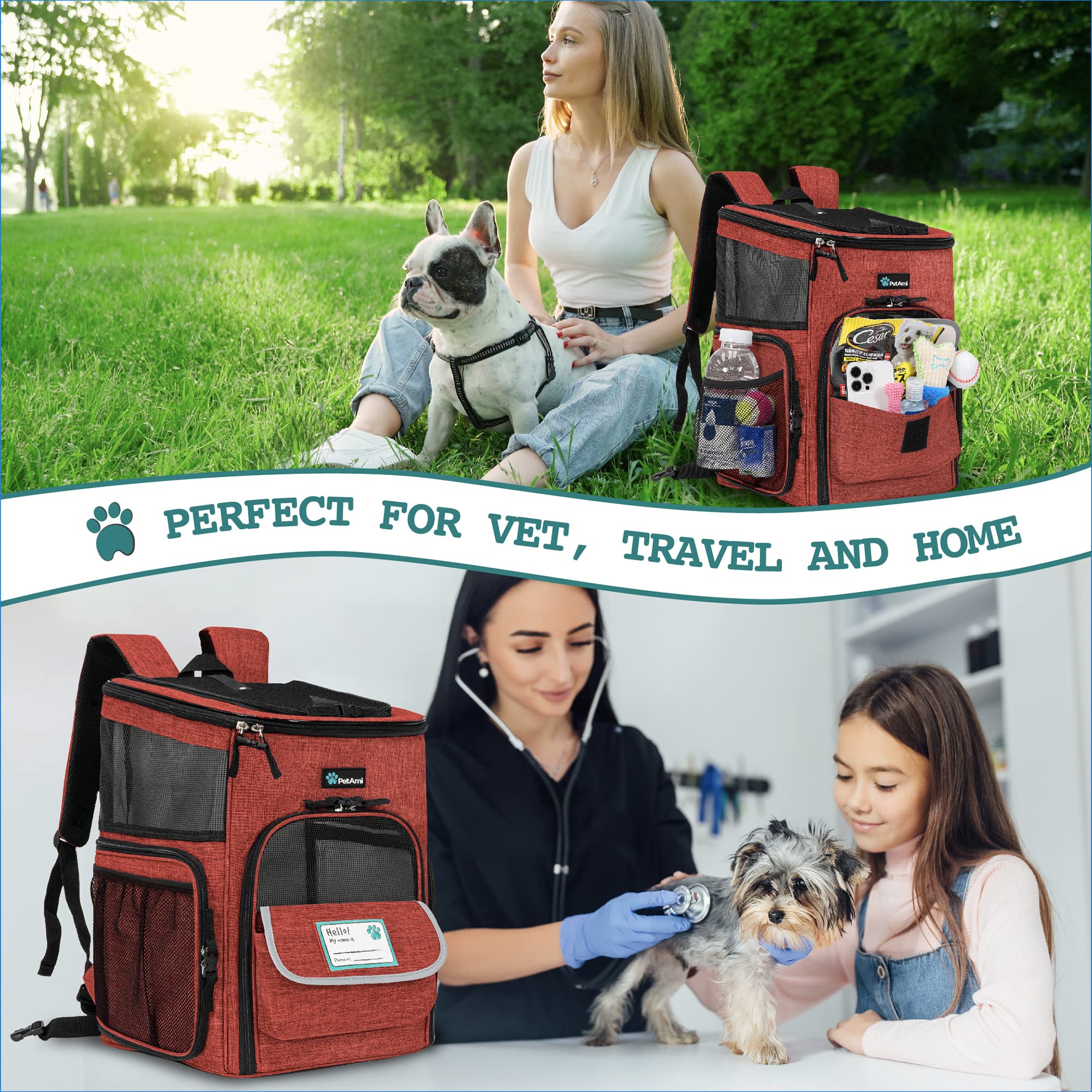 Petami Dog Backpack Carrier, Airline Approved Cat Backpacks For Carrying Small Large Cats, Pet Carrier Back Pack, Ventilated Soft Sided Dog Cat Bookbag For Travel, Hiking, Camping, Red