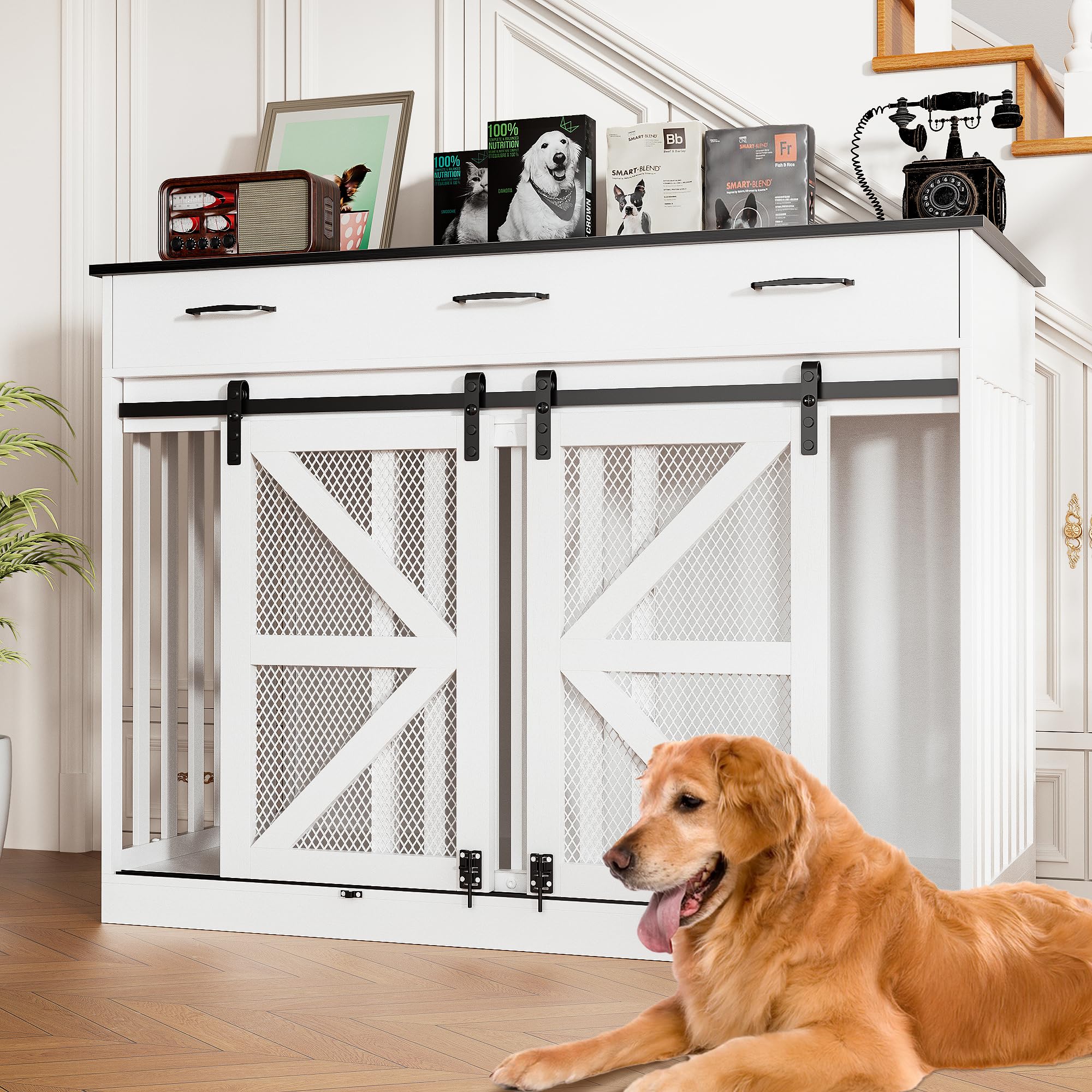 47 Inch Wooden Dog Crate Furniture for 2 Dogs with Removable Divider & Storage Drawers, Double Door Kennel for Medium and Extra 