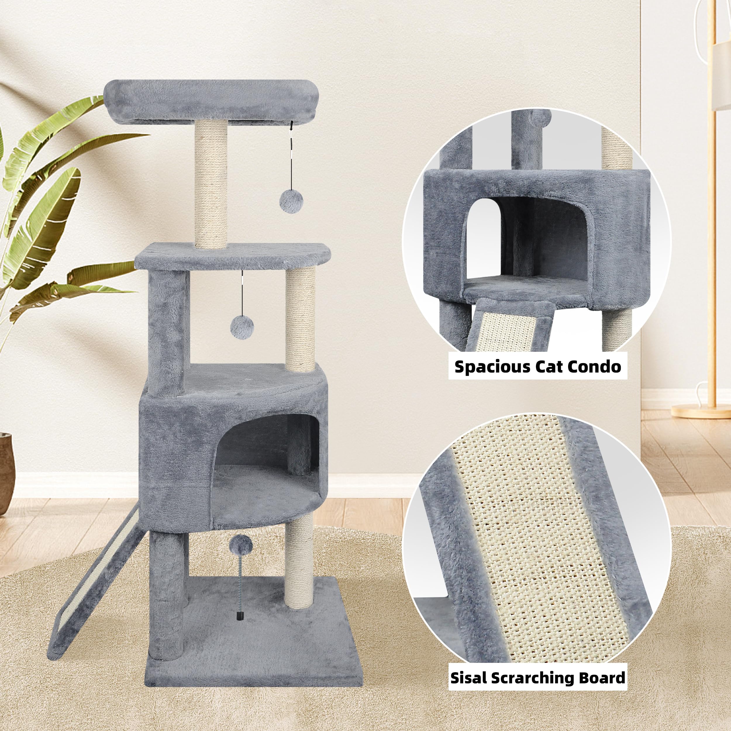 Huitree 45In Cat Tree Tower With Big Cat Condo For Indoor Cats,Cat Tower Activity Center Cat Furniture With Scratching Post And Hanging Bed,Grey