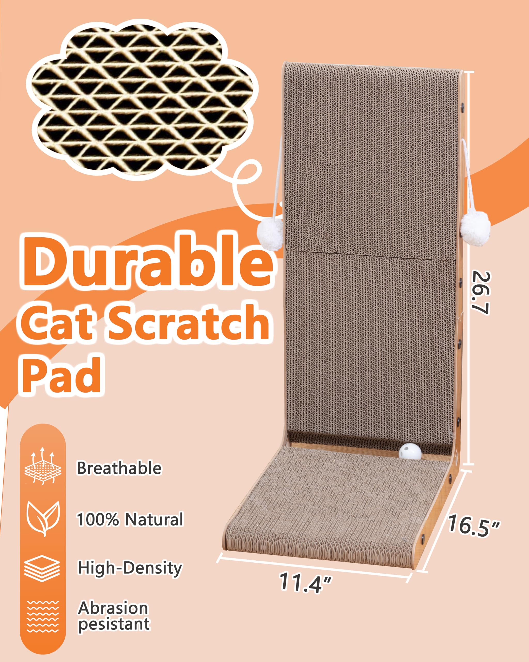 Megidok Cat Scratcher, 26.7'' L Shape Cat Scratch,Vertical Cat Scratching Board,Cat Scratch Pad Wall-Mounted,Cats Scratching Car