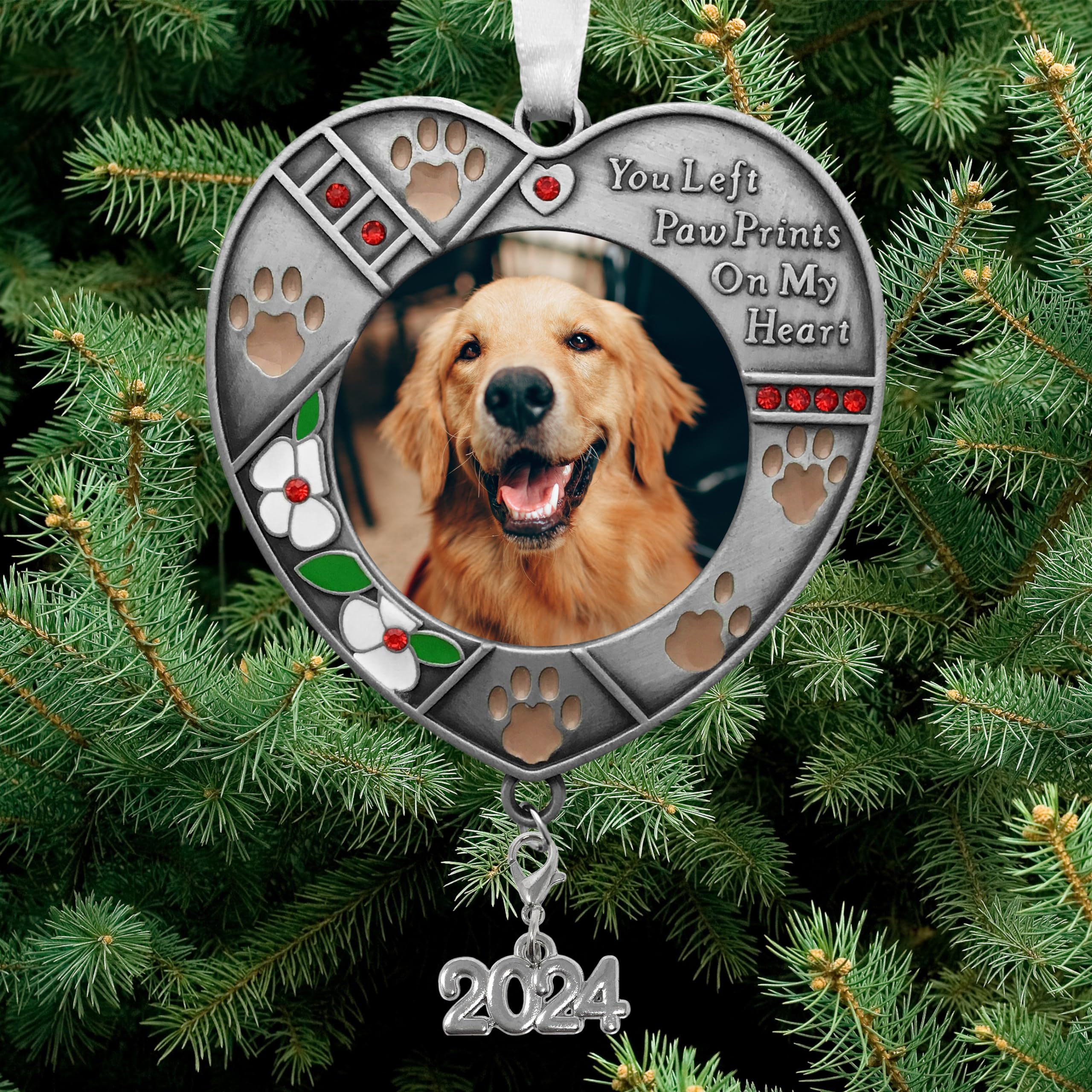 2024 Pet Memorial Christmas Photo Ornament - Hanging Picture Ornament - Paw Prints on My Heart Poem Message - Gift/Storage Bag I