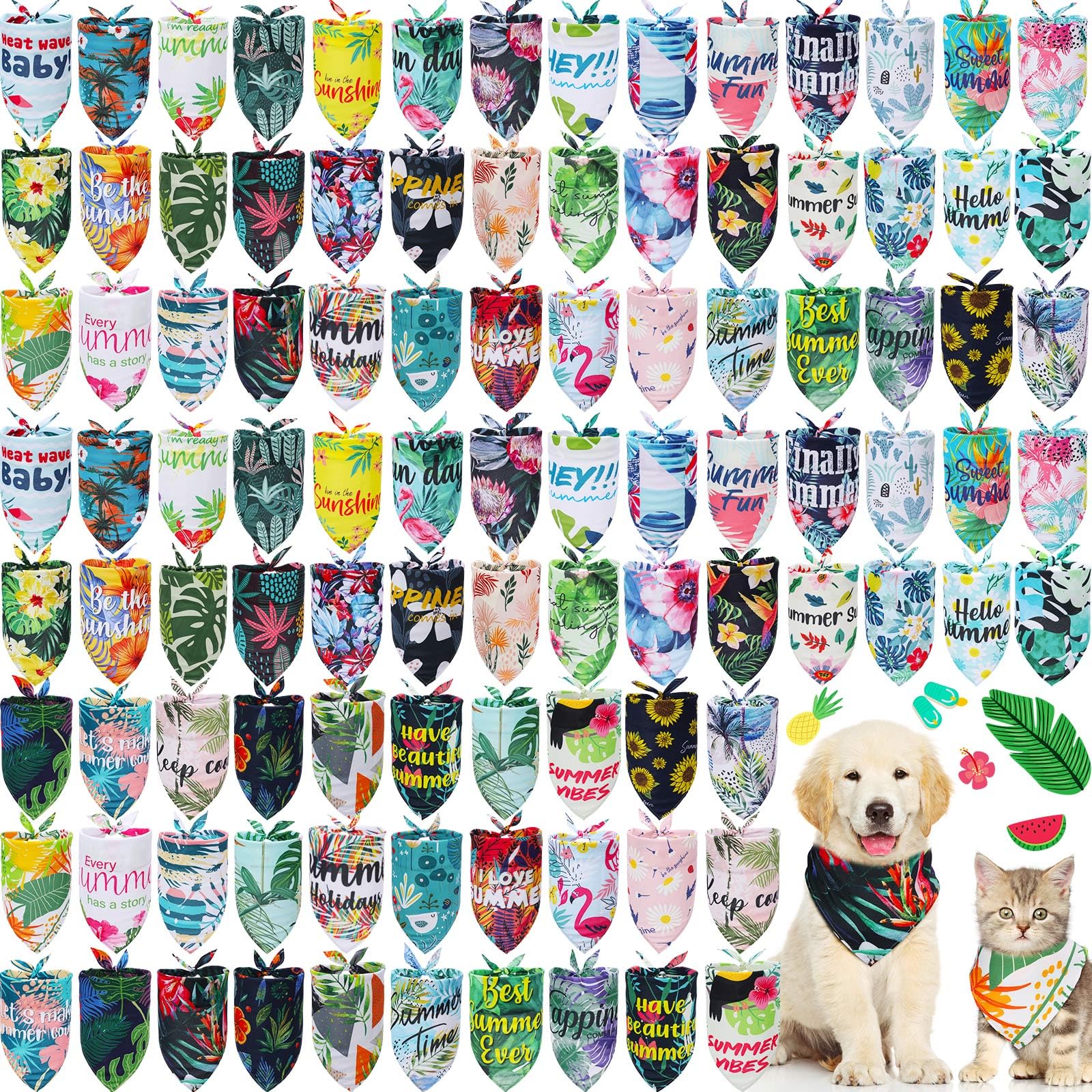 Kacctyen 100 Pcs Dog Bandanas For Summer Bulk Hawaiian Floral Pet Scarf Bibs Adjustable Washable Kerchief Seasonal Pet Costume A