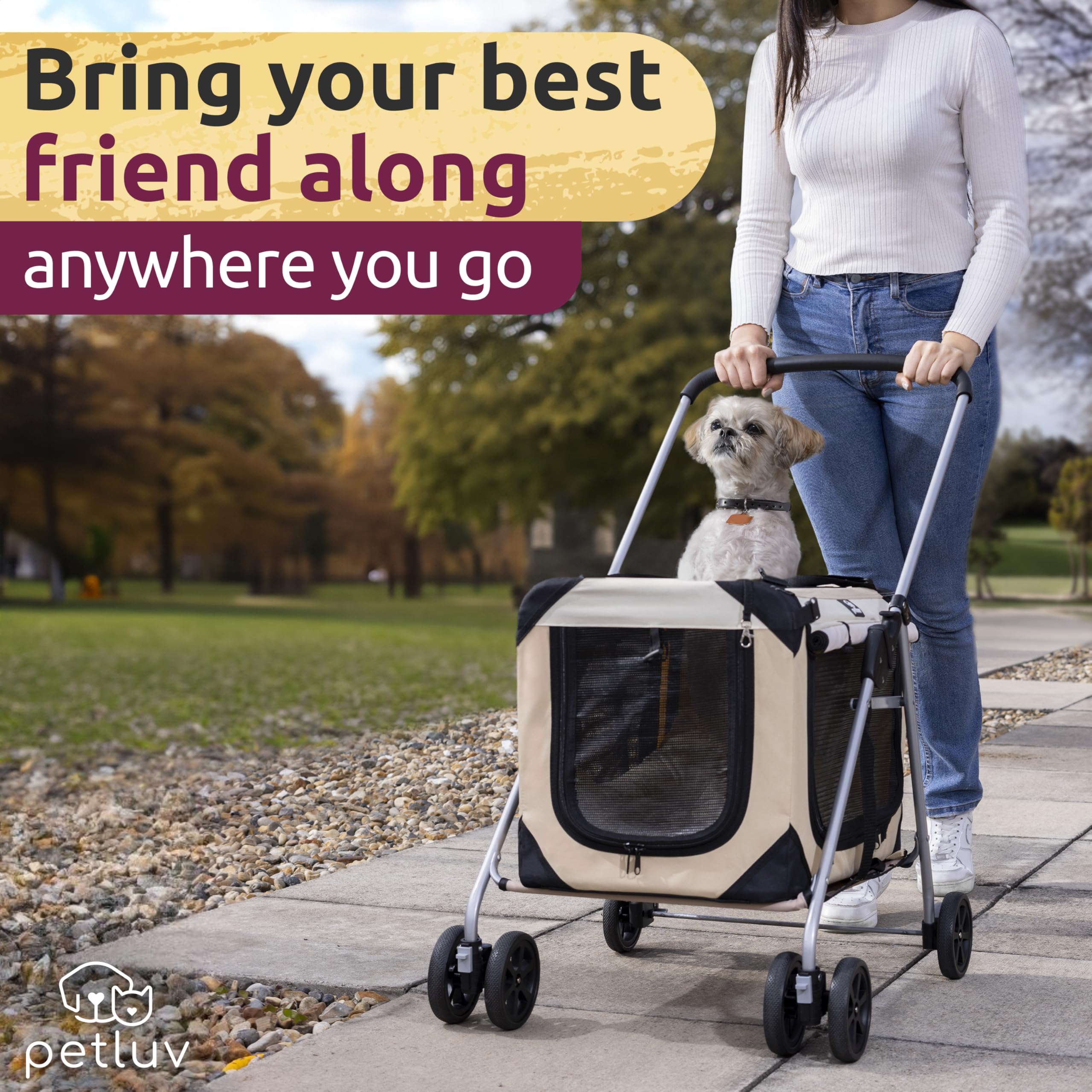Petluv Pet Stroller, Fits 2 Cats, Small To Medium Dogs (Up To 45 Lbs), Detachable, Soft-Sided Pet Carrier, Collapsible, Includes