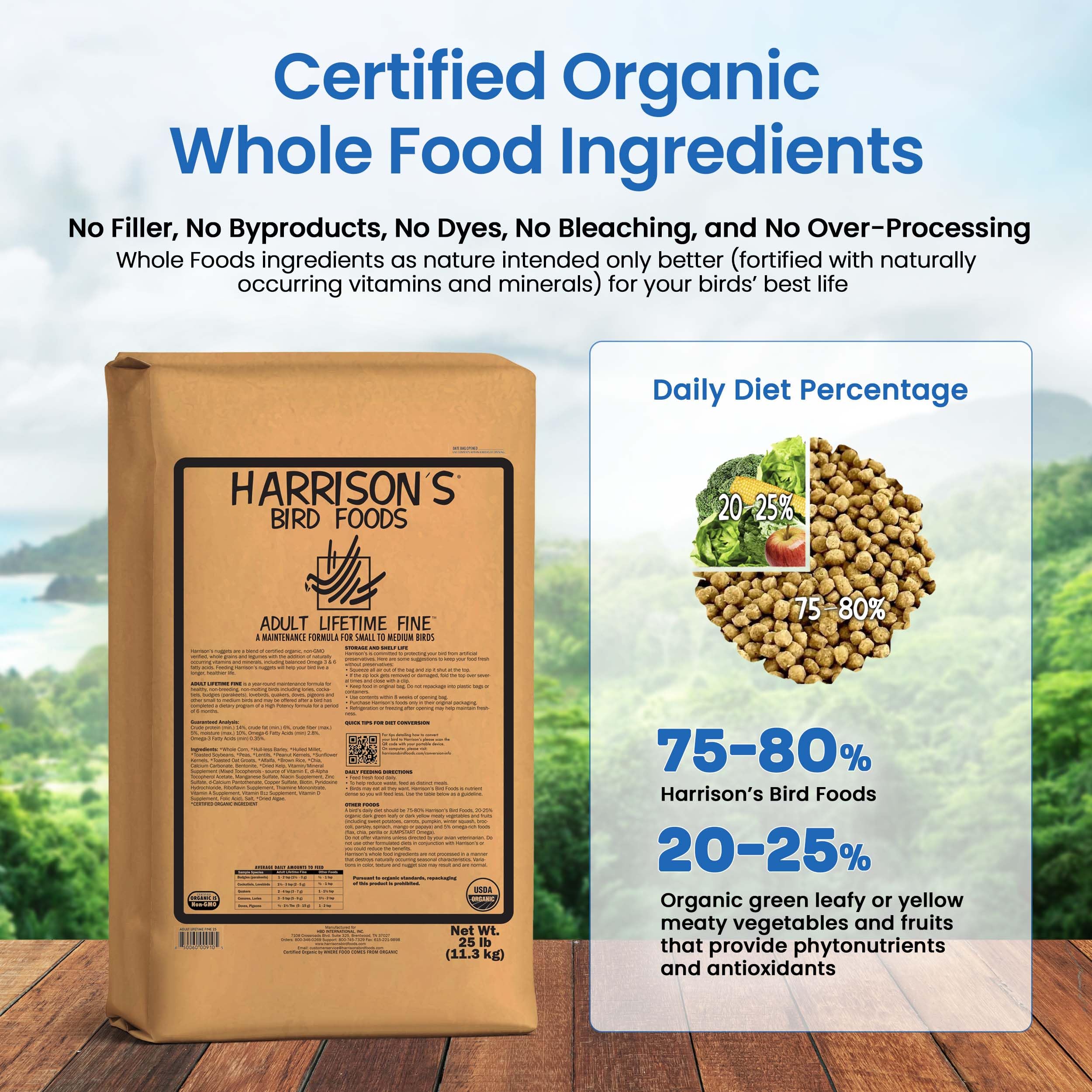 Harrisons Bird Foods Bird Food Adult Lifetime Fine Certified Organic Non-GMO Formula Bird Food 25lb