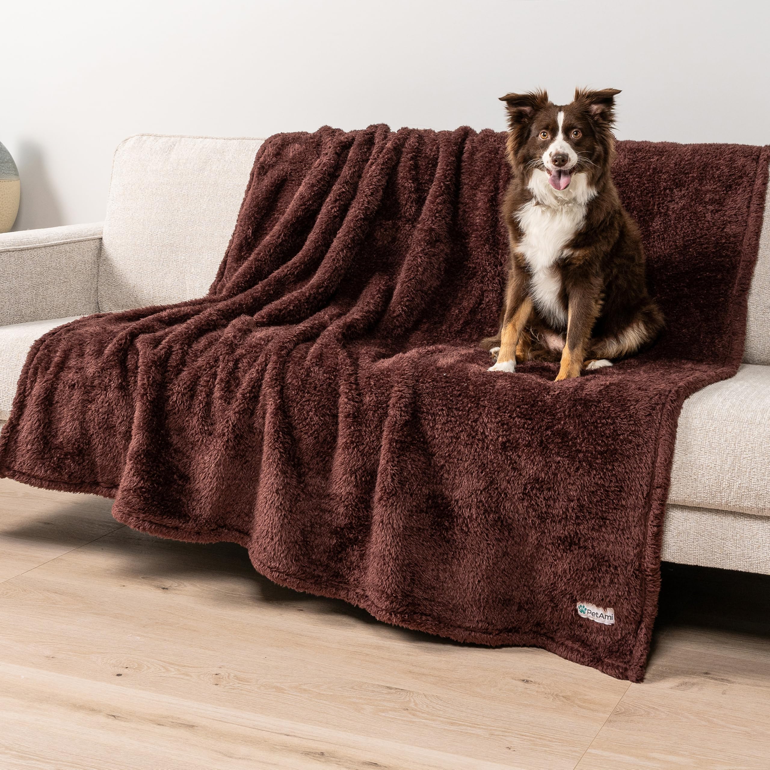 Petami Fluffy Waterproof Dog Blanket For Bed Large Dogs, Soft Warm Pet Sherpa Throw Pee Proof Couch Cover, Reversible Cat Blanket Sofa Crate Kennel Protector, Washable Mat (Brown, 60X80)