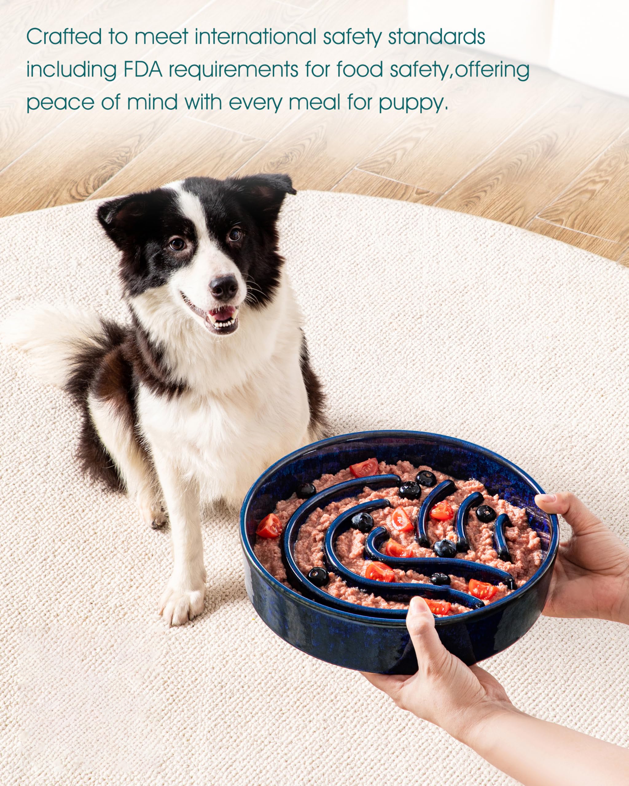 vancasso Slow Feeder Dog Bowl, 3 Cup Ceramic Slow Feeding Food Dish for Large Breed, Puzzle Dog Food Bowl for Fast Eater, Blue