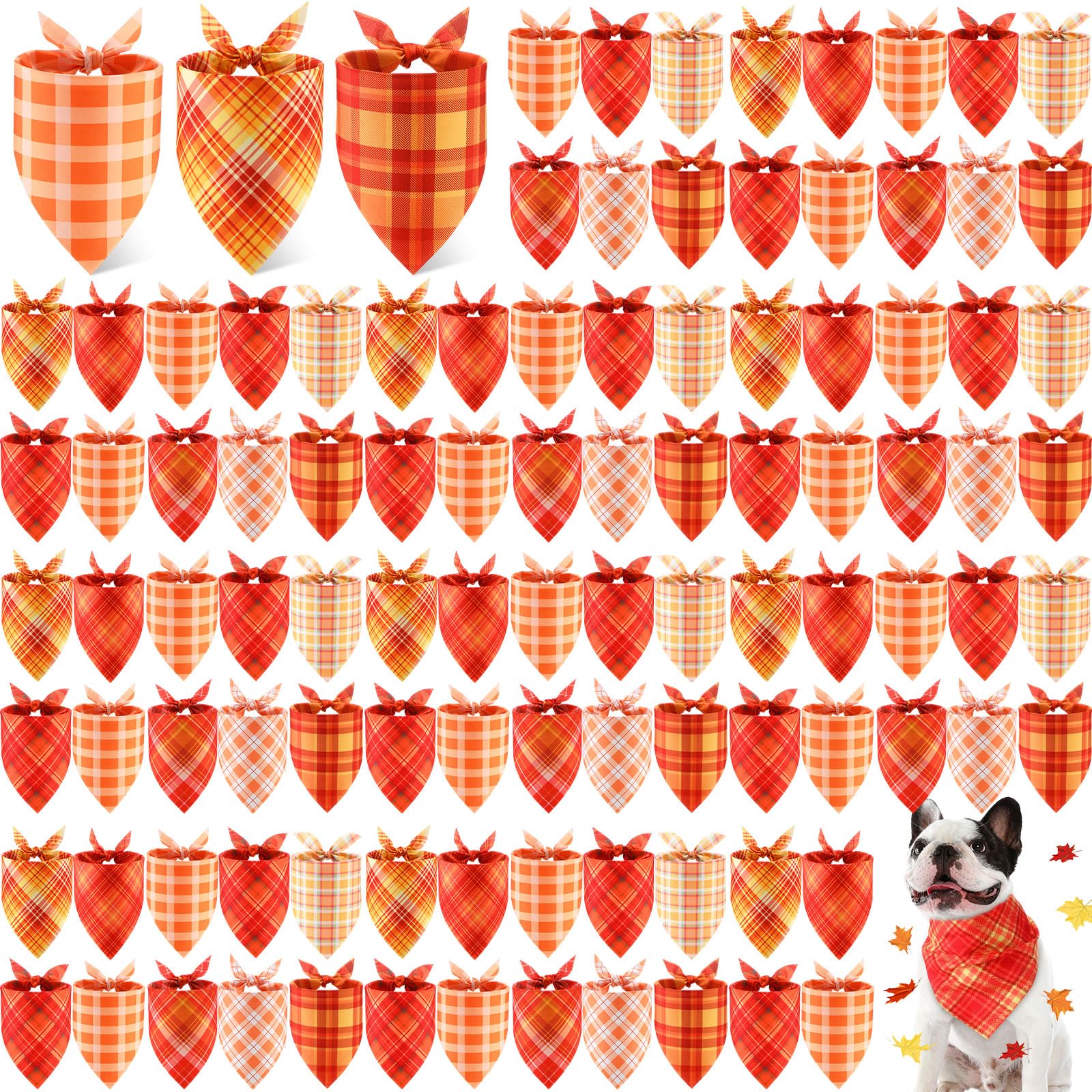 Shyyween 100 Pieces Fall Dog Bandanas Bulk Plaid Bandanas for Dogs Autumn Thanksgiving Soft Doggie Bibs Adjustable Triangle Scar