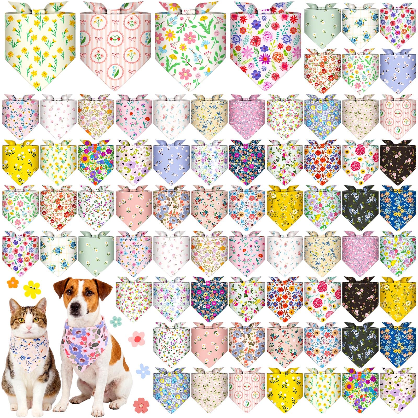 Reginary 72 Packs Flower Dog Bandanas Bulk, Floral Adjustable Pet Bandana Bibs Triangle Scarf Dog Bibs for Spring Pet Costume Ac