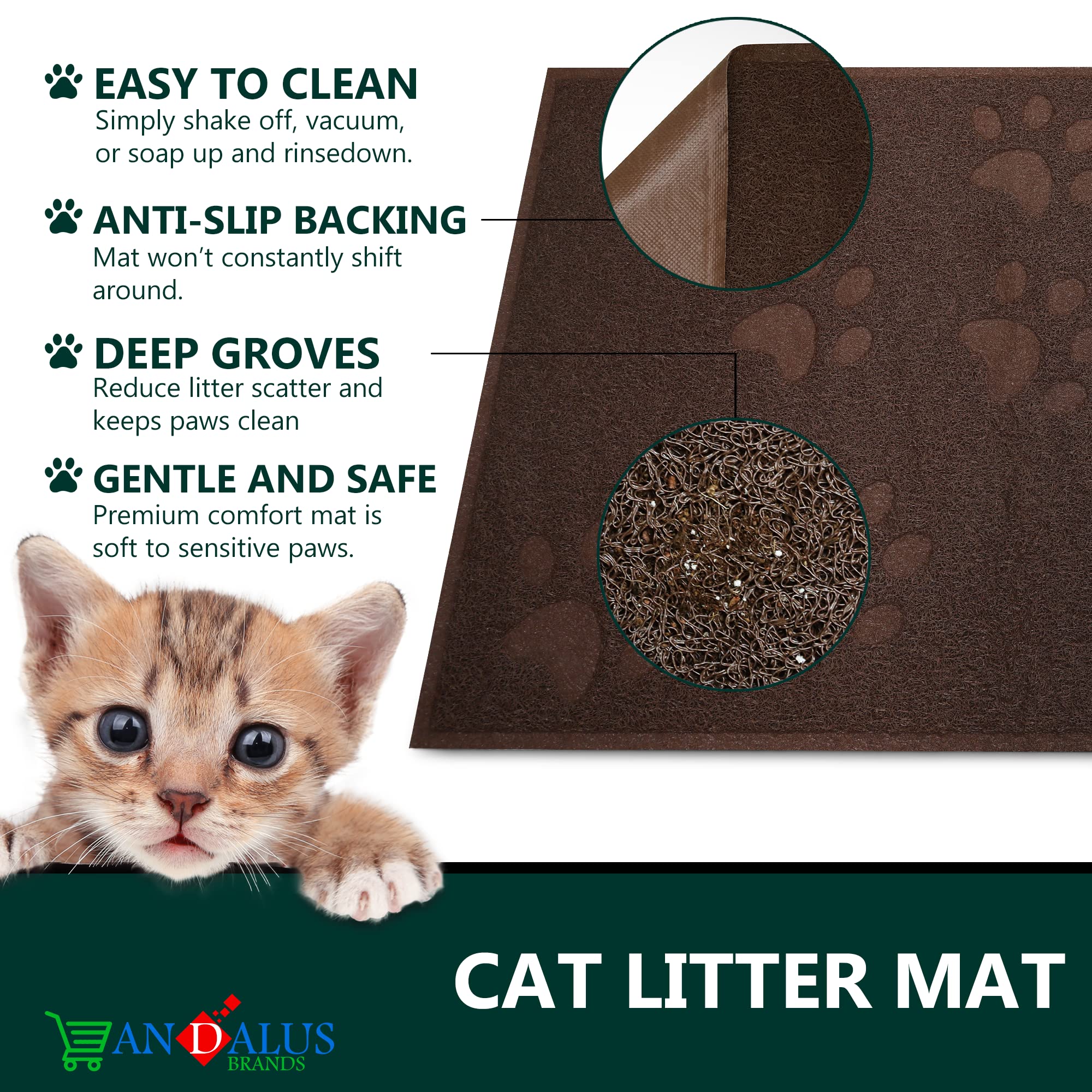 Andalus Premium Cat Litter Mat Pack Of 1-100% Waterproof With Non-Slip Backing Of Litter Box Mat - Soft On Kitty Paws & Easy To Clean Cat Mats For Litter - Brown, Small (15.75' X 11.75')