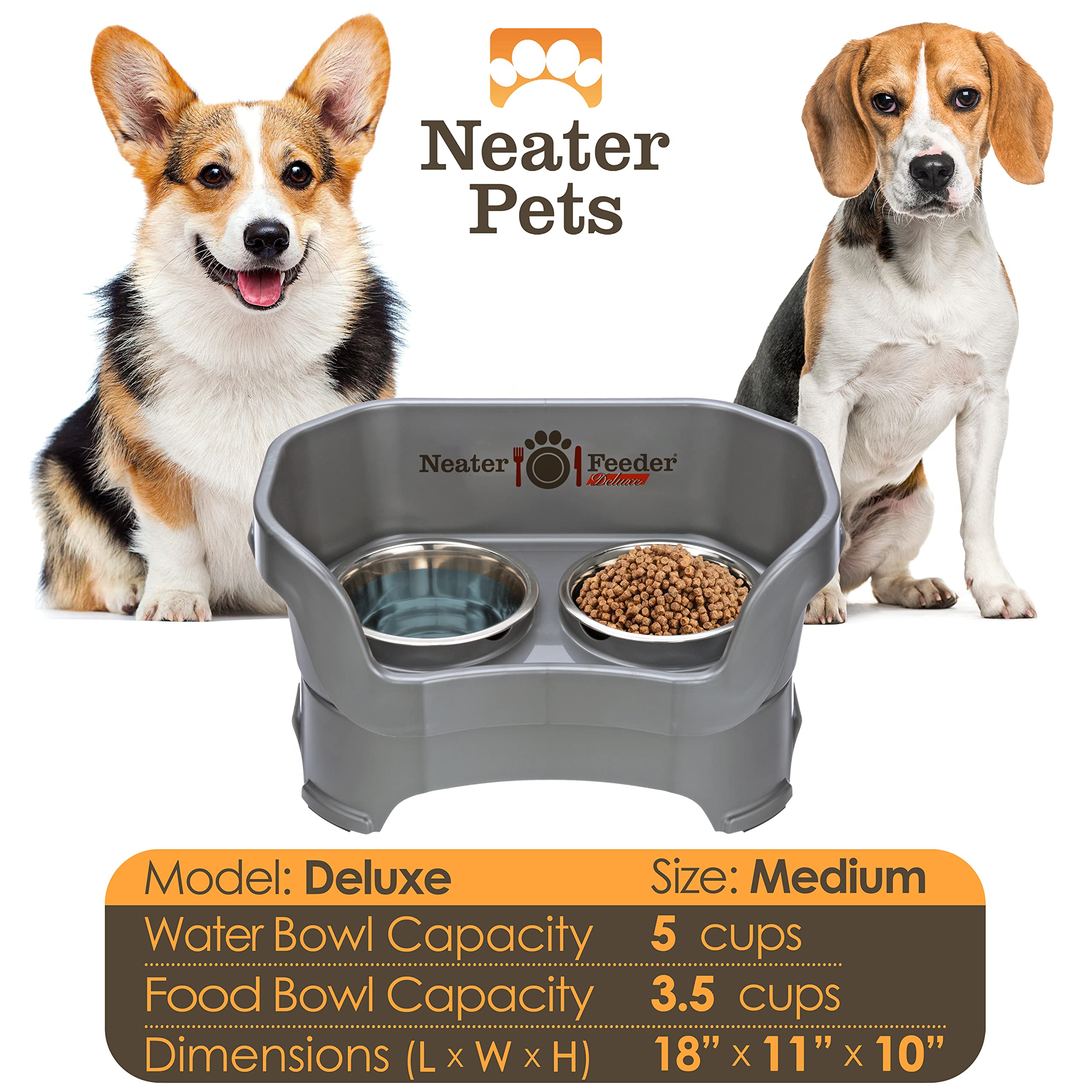 Neater Feeder Deluxe Mess Proof Dog Bowls Elevated Medium Sized Dog Breed - Made in USA - No Spill Raised Dog Food Bowl Stand -