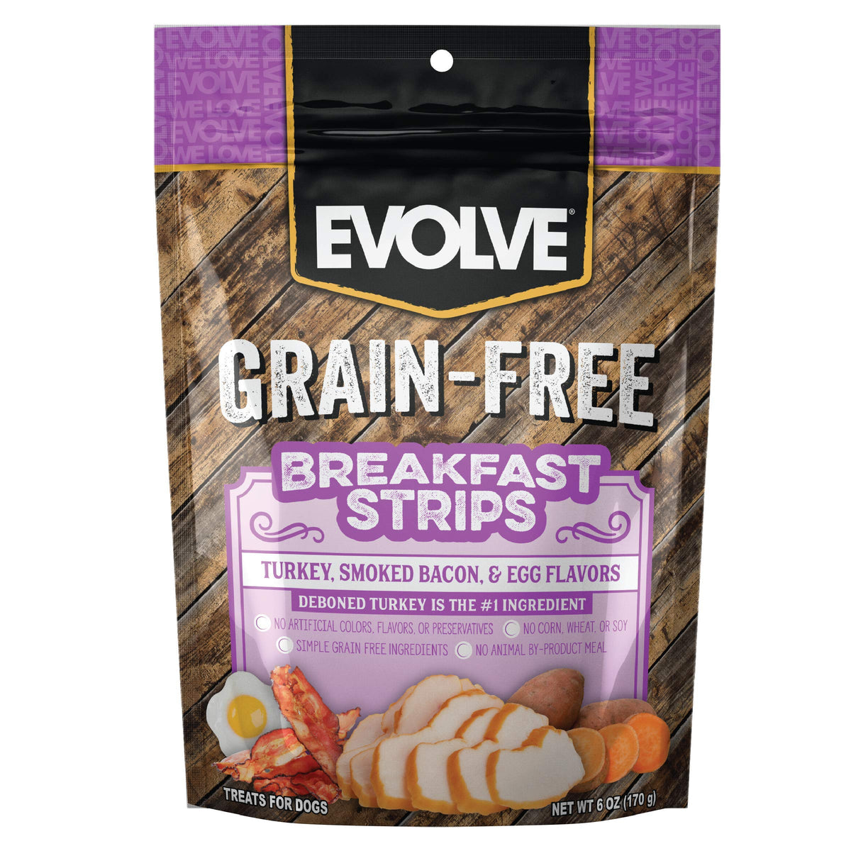 Evolve Grain Free Turkey, Bacon And Egg Flavored Breakfast Strips Dog Treats, 6Oz