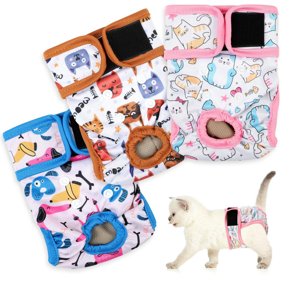 Reusable Cat Diapers 3 Pack With Good Absorbency Cat Diapers For Female Cats Small& Male Cat Easy To Put On Adorable Diapers For