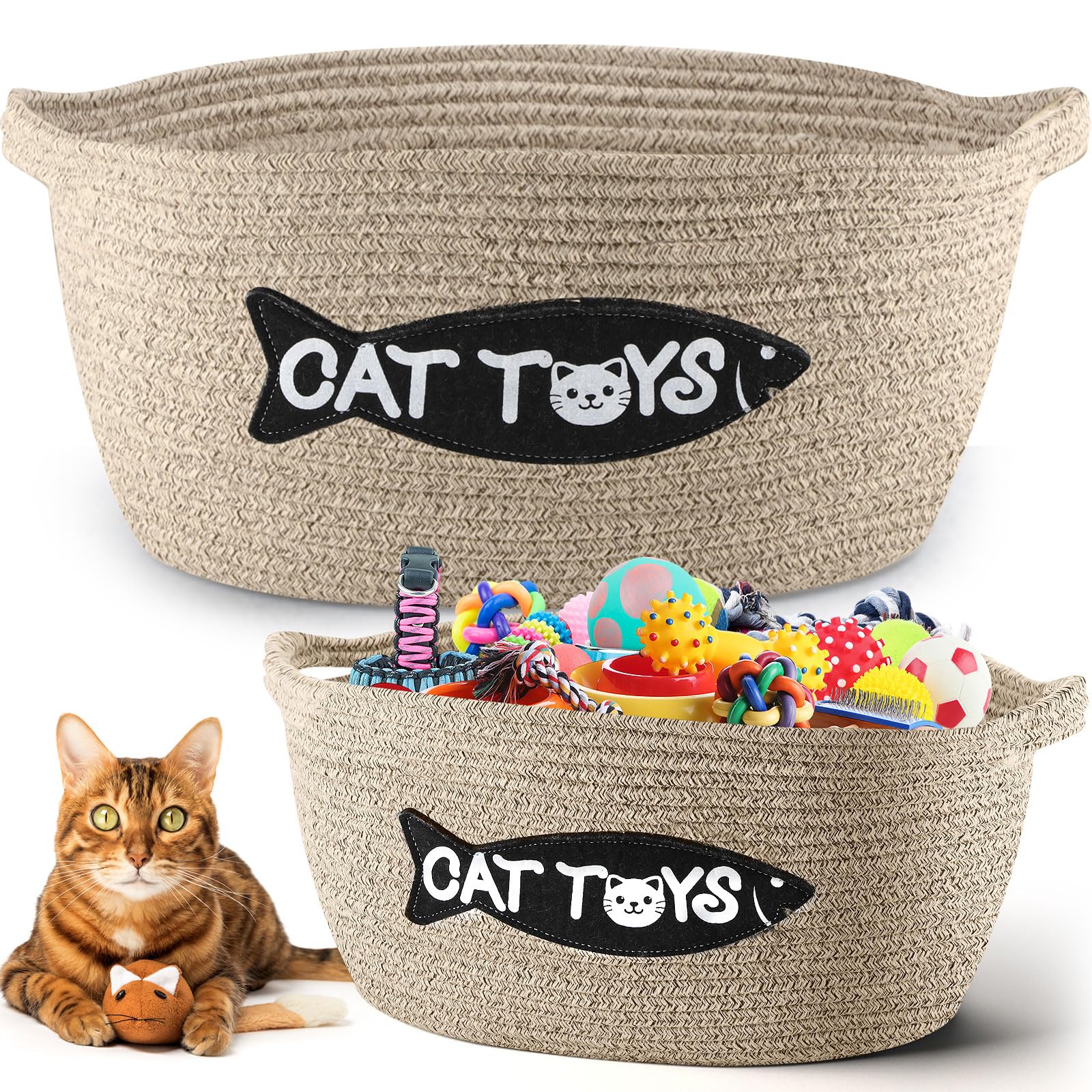 Teenyyou 2 Pcs Cat Toy Basket Multi-Size Chew Proof Cotton Rope Pet Interactive Toys Bin Storage Box Organizer For Cat Treats Cl