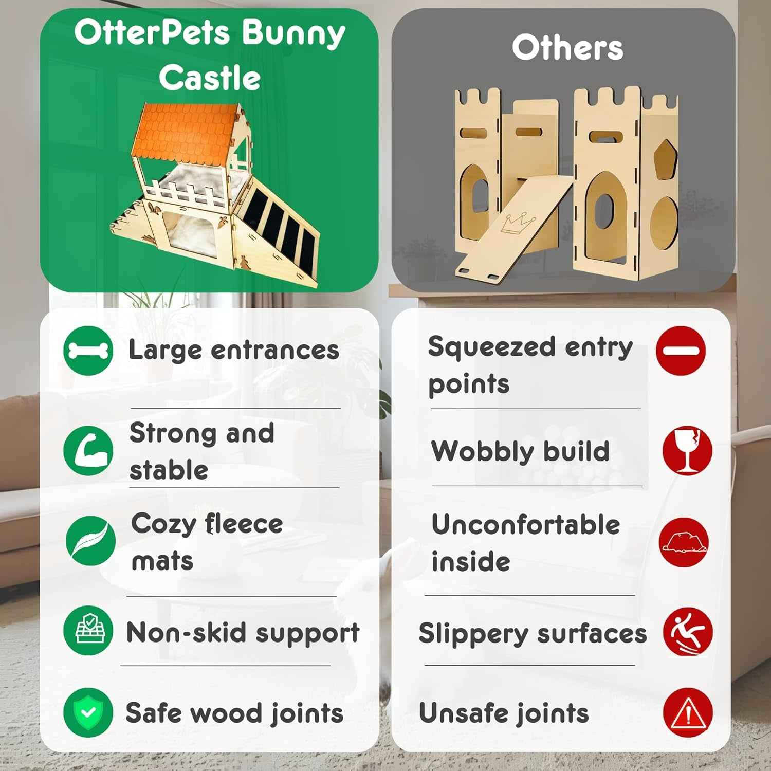 Rabbit Hideout House Wooden Bunny Castle for Small Pets Indoor Cage