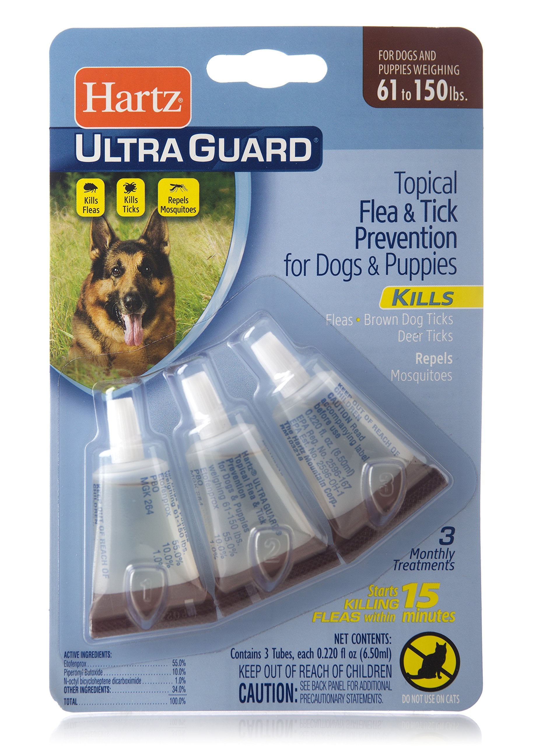 Hartz UltraGuard Flea & Tick Drops for Dogs & Puppies 61-150lbs - 3 Monthly Treatment