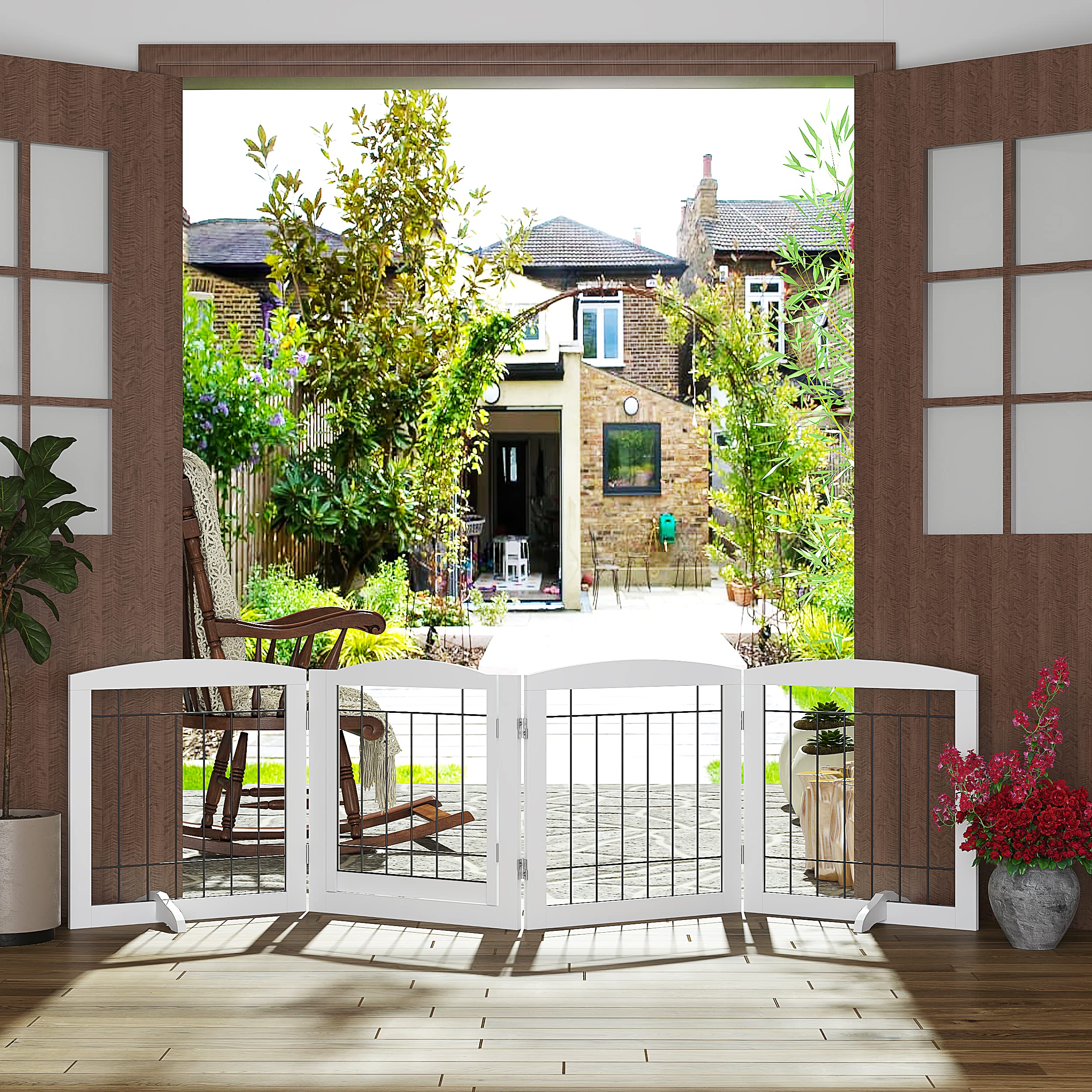 PAWLAND Freestanding Dog Gate with Door, 80" Wide, 24" Tall, White, 4 Panels, Wood Safety Fence for Home, Doorway, Stairs