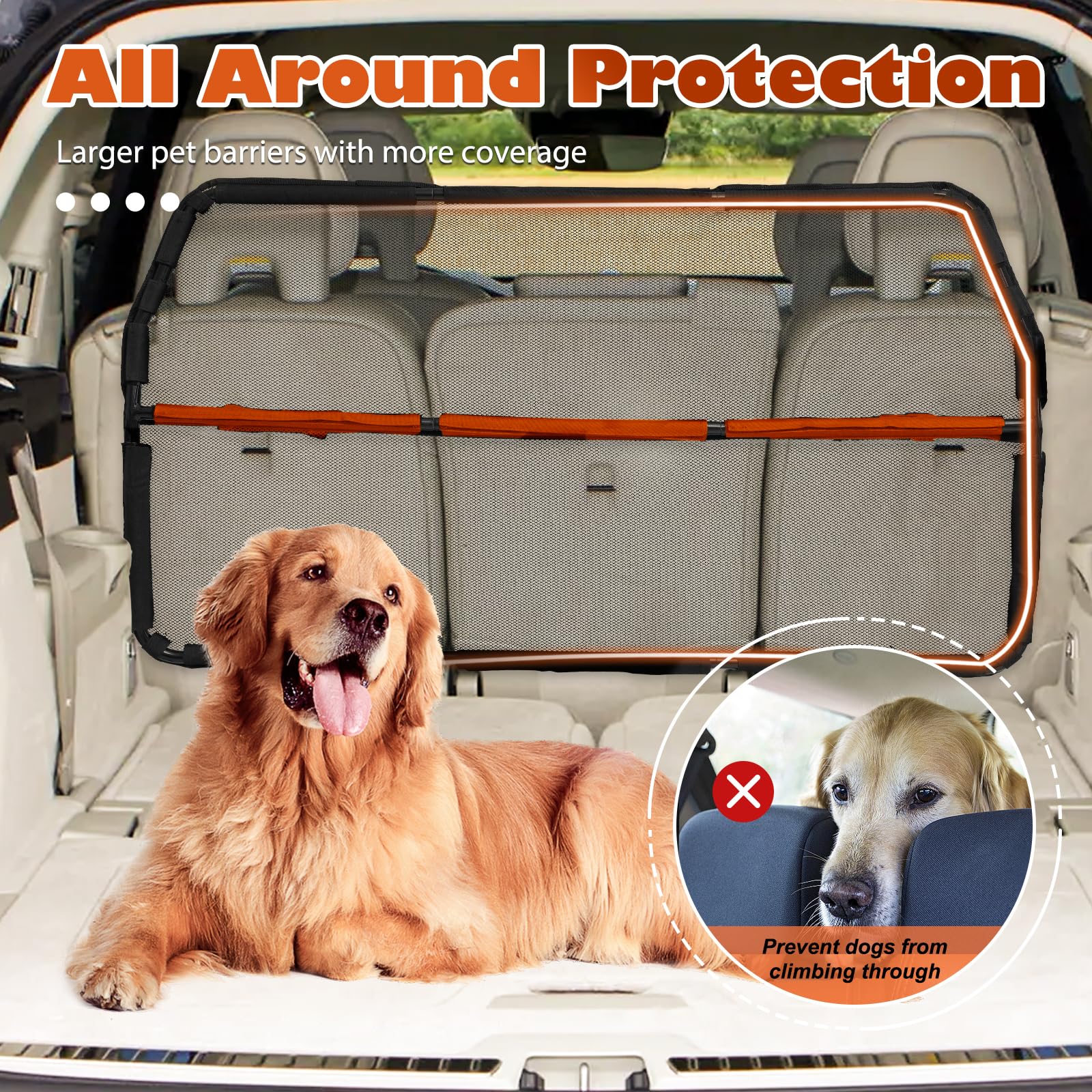 Furggis Dog Barrier For Cargo Area, 46'' Wide See Through Vehicle Car Hatchback Dog Car Net Barrier, Dog Car Net Mesh For 3Rd Ro