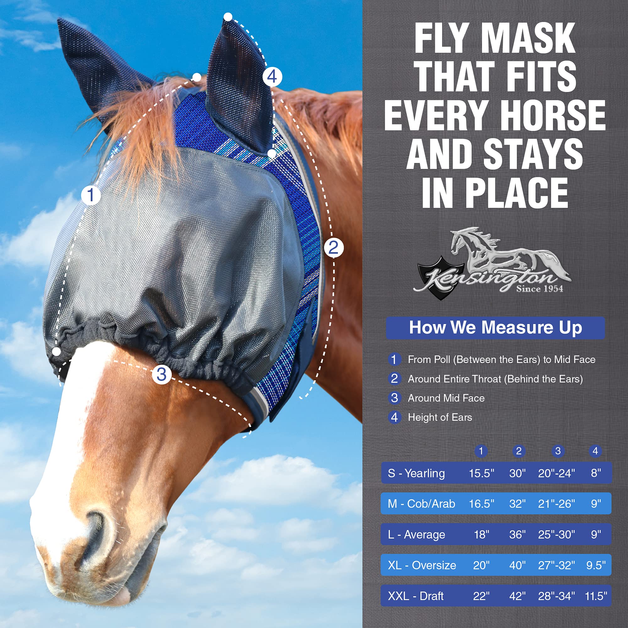 Kensington UViator Dartless Protective Fly Mask UV Eye Protection Mask for Horse with Web Trim and Soft Ears Cover - XL, Atlanti