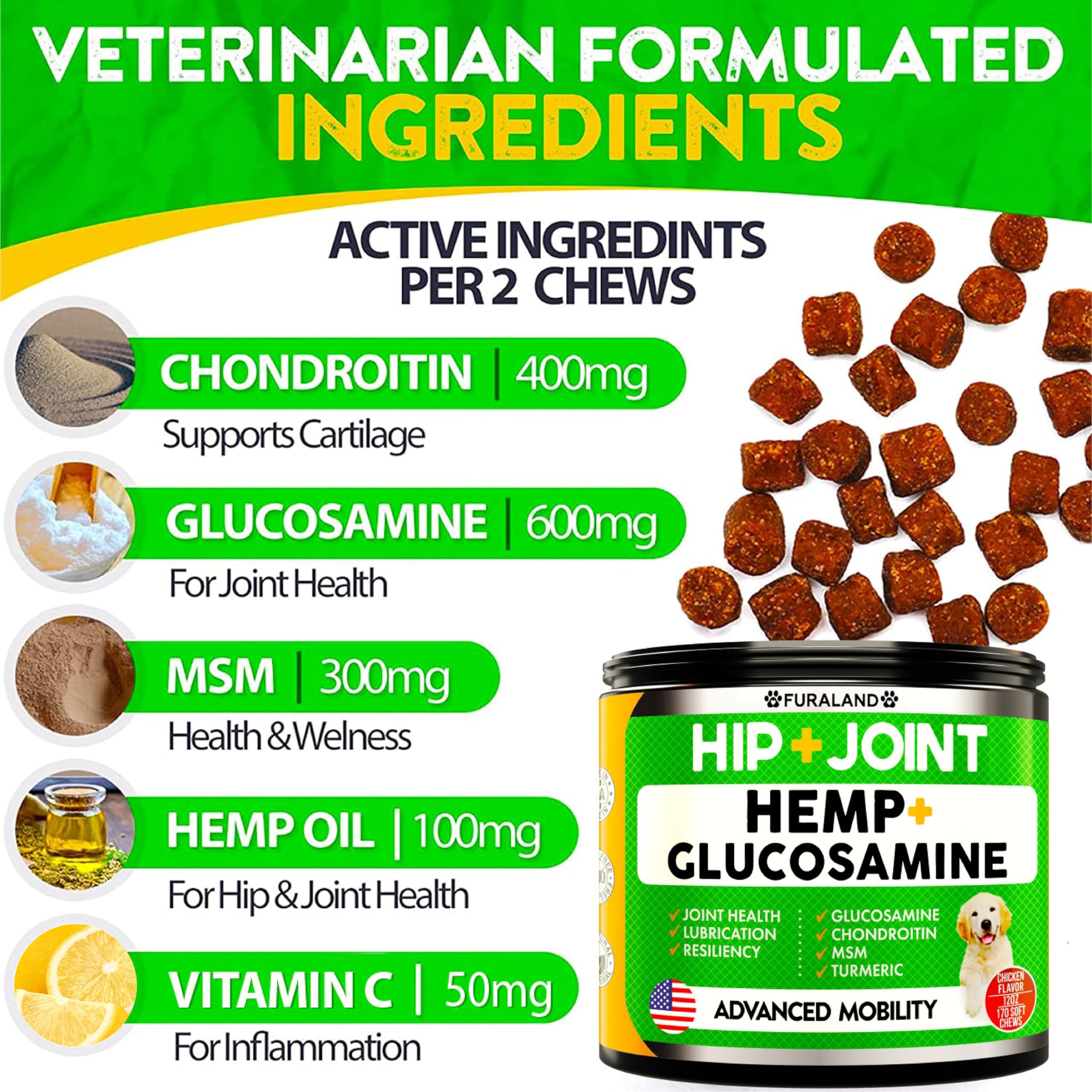 Hemp Hip and Joint Supplement for Dogs - Glucosamine for Dogs - 170 Dog Joint Pain Relief Treats - Chondroitin, Hemp Oil, MSM -